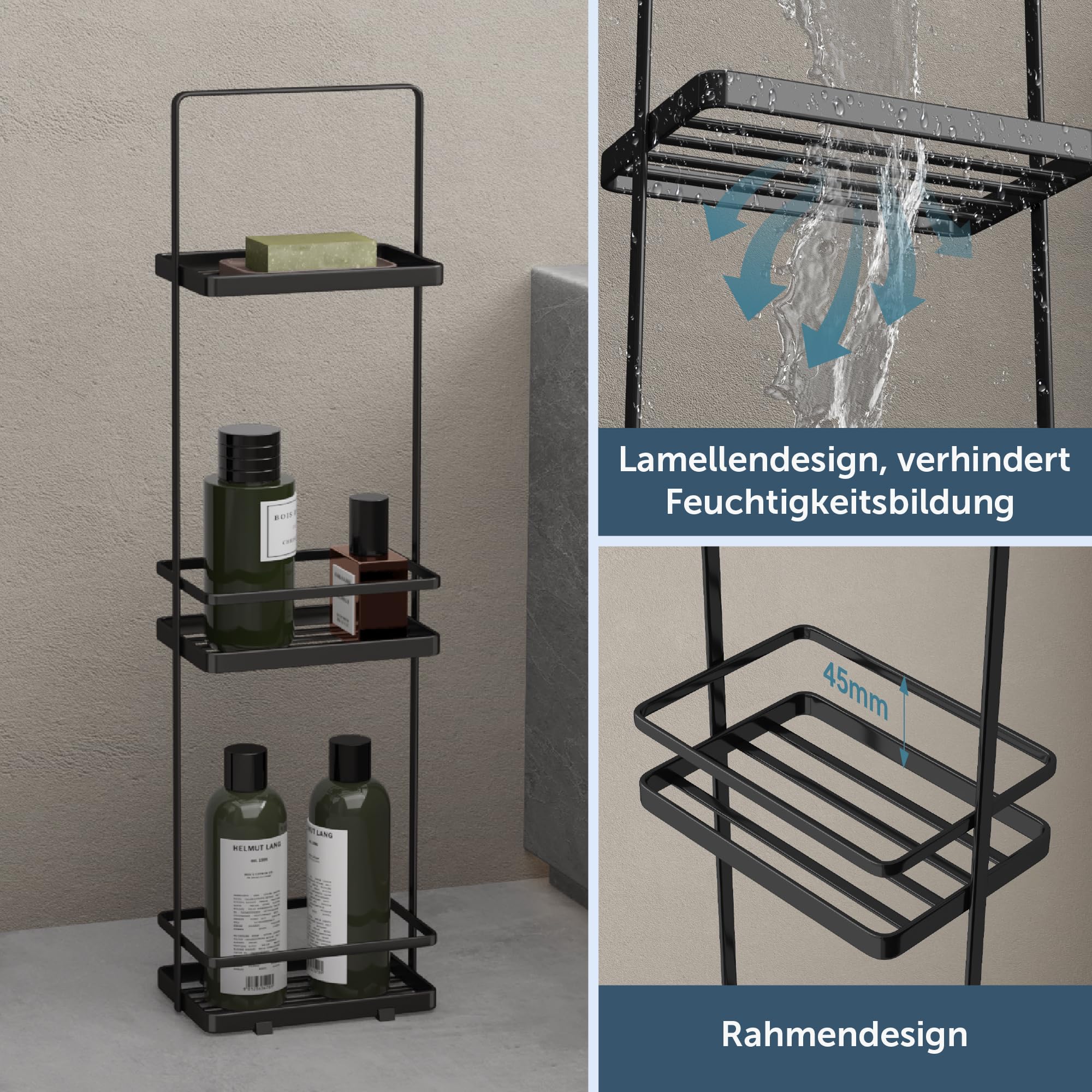 doporro Duschregal stehend, Badregal schmal aus Metall, 3 Ebenen Badezimmerregal freistehend, Duschablage ohne Bohren für Bad, Dusche und WC, Schwarz, Reglo-02