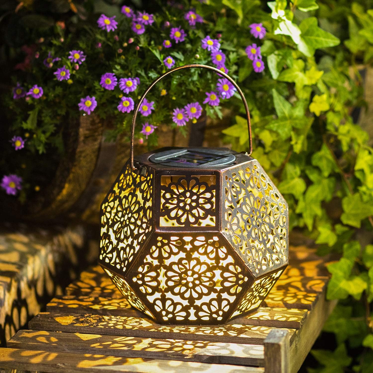 Solar Lantern Hanging Garden Lights Metal Outdoor Waterproof LED Table Lamp for Birthday Christmas Gift，Patio Yard Halloween Decor(Bronze)