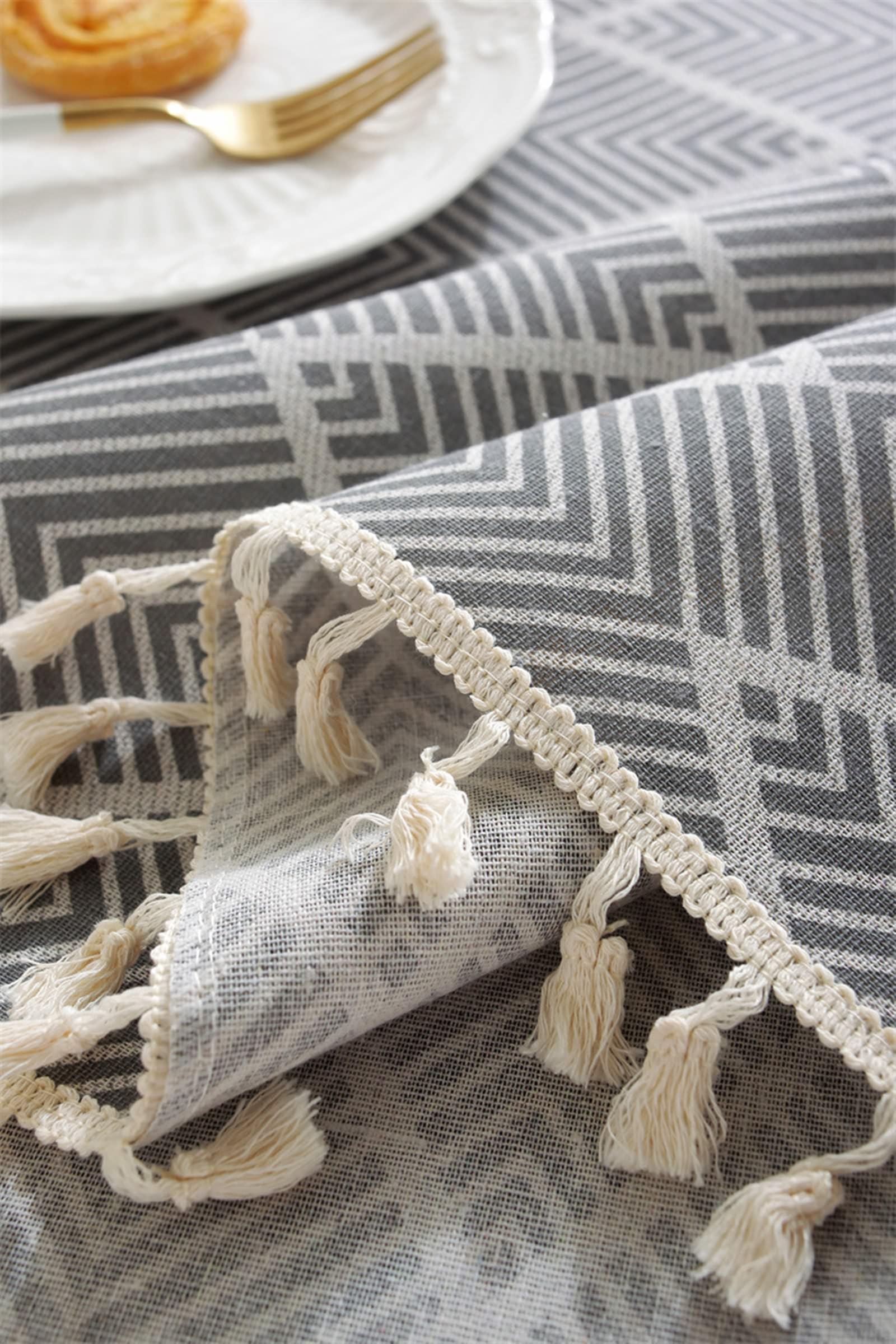 Nappe Rectangulaire En Coton Et Lin De Couleur Unie Avec Pompons