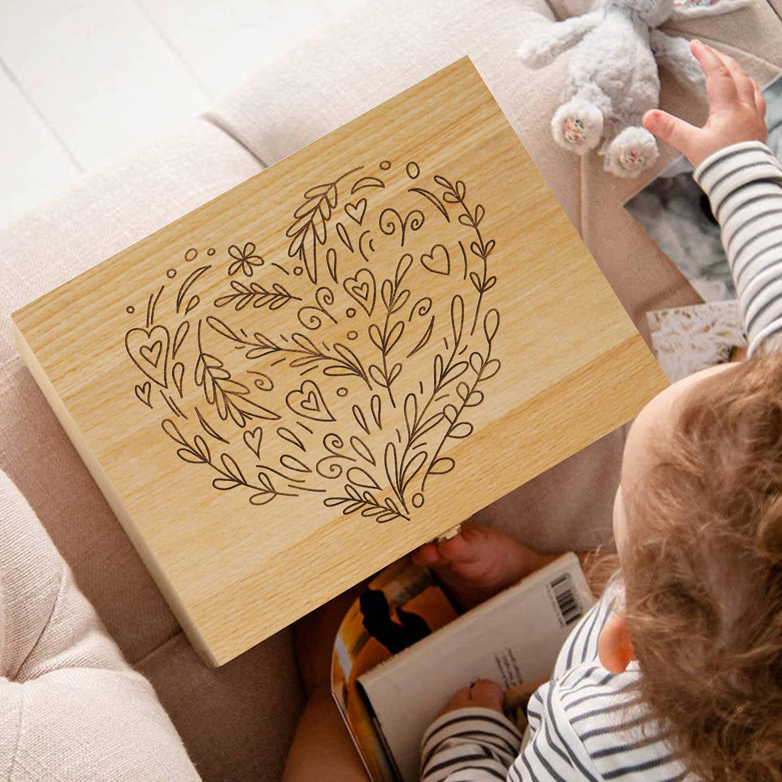EXISTING Caja de recuerdos para recuerdos, caja de almacenamiento de madera cortada con láser con tapa con bisagras, cajas grandes de recuerdo, almacena joyas, juguetes, fotos y recuerdos en una caja