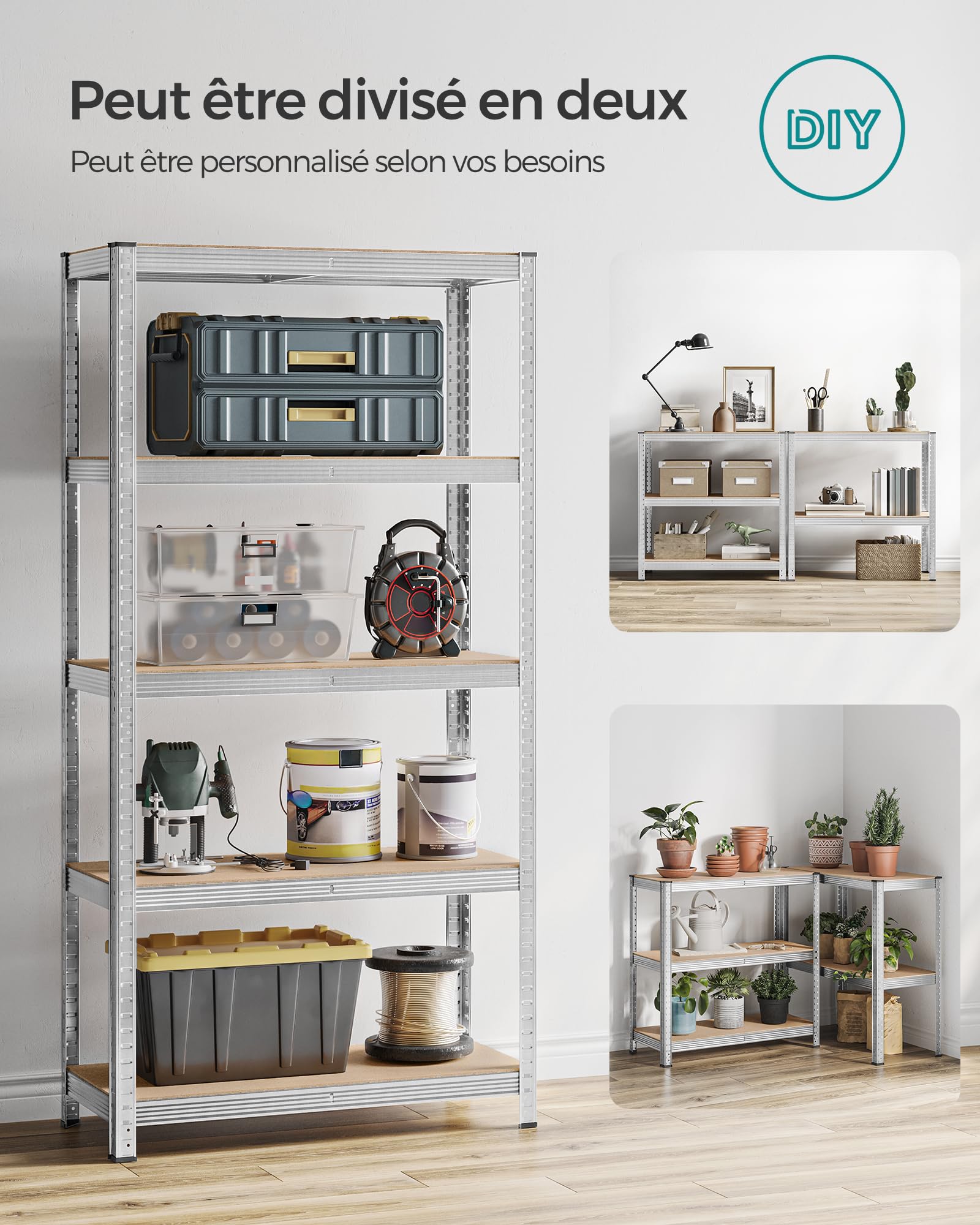 SONGMICS Lot de 2, Étagère de Rangement à 5 Niveaux, 40 x 90 x 180 cm, Capacité 875 kg, Planches Réglables, Style Industriel, pour Cuisine, Salon, Argent GLR040E02