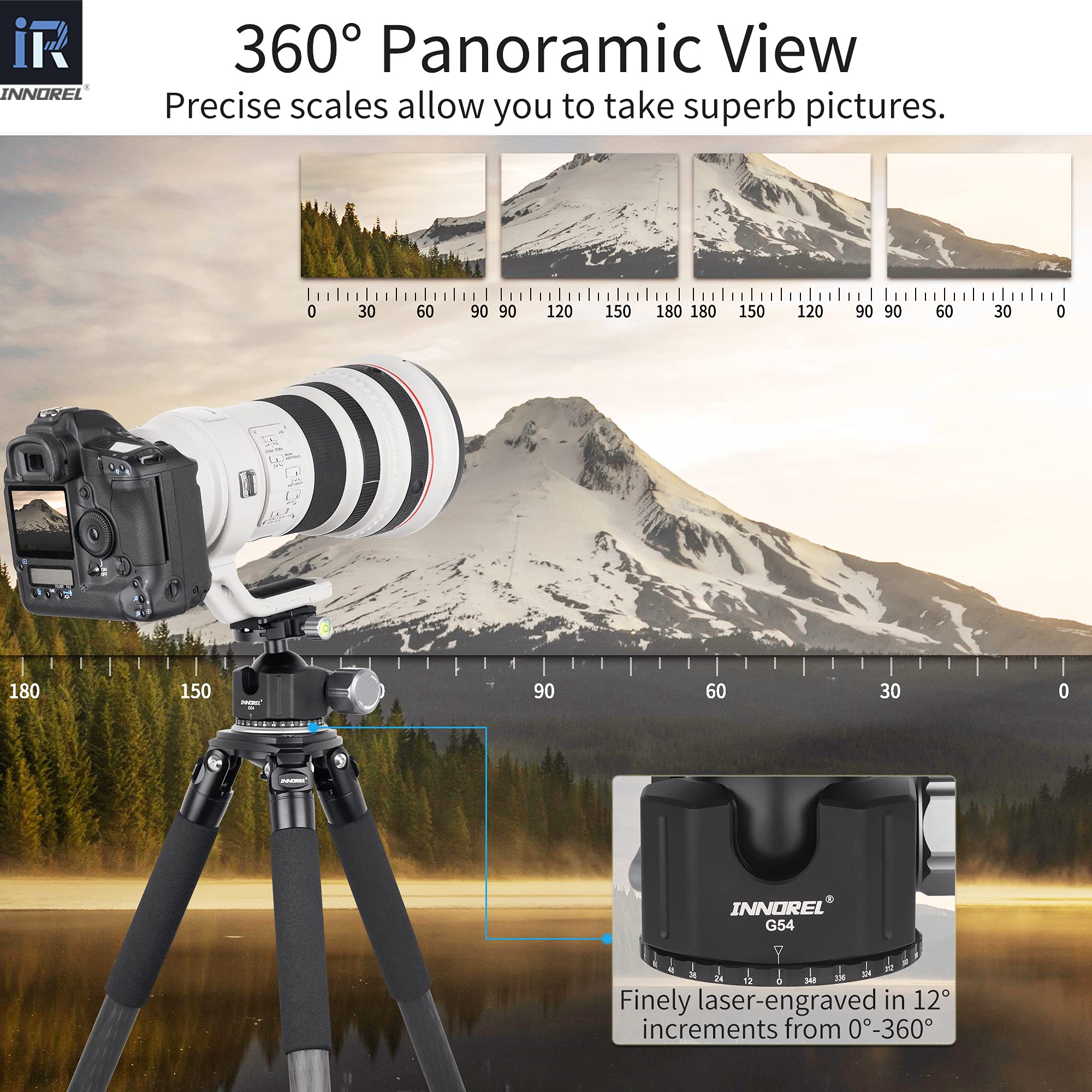 Testa a sfera per treppiede a basso profilo-INNOREL G54 Testa a sfera panoramica per treppiede per fotocamera in metallo CNC con piastra a sgancio rapido Arca Swiss da 1/4" Carico massimo 30 kg