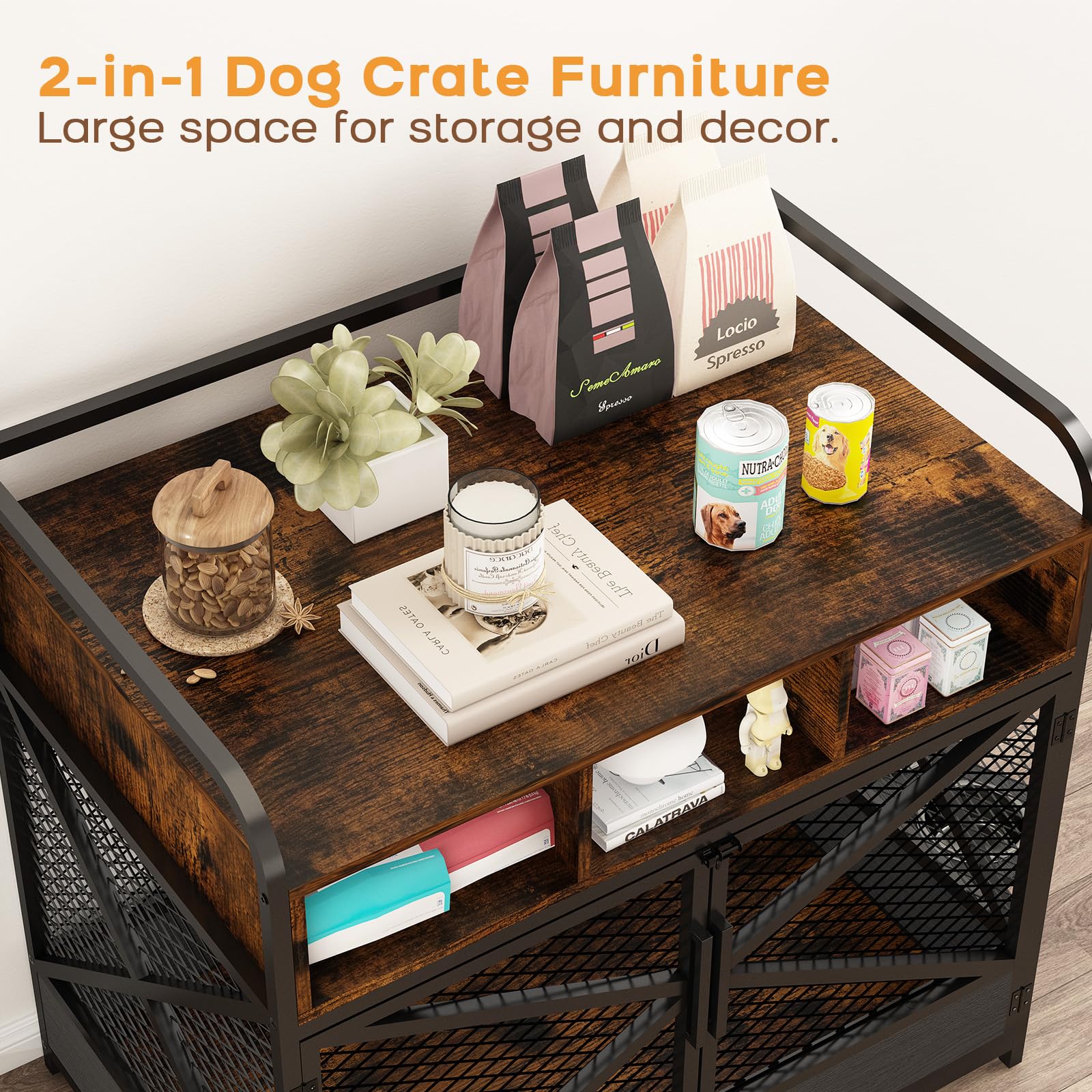 Mueble Jaula para Perro Grande, Casa de Madera Estilo Mueble, Mesa Auxiliar Con 3 Cajones, Perrera Resistente Con Comedero Giratorio 360° Marrón Rústico