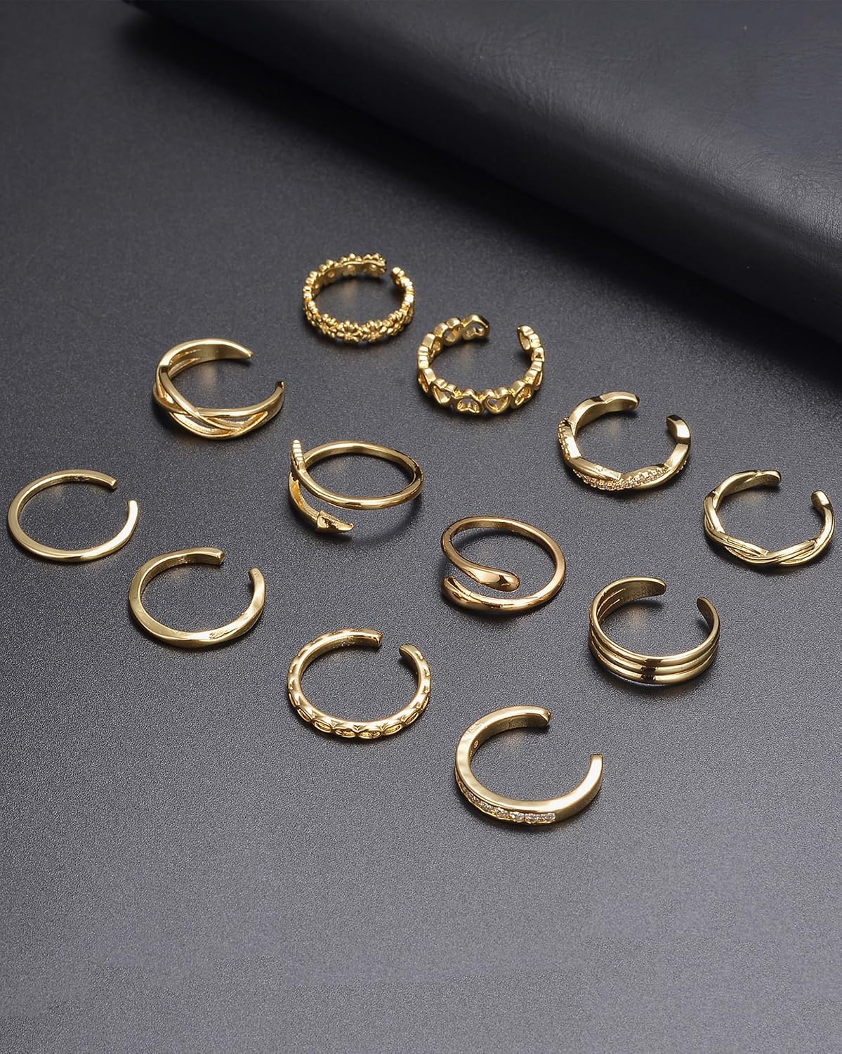 12PCS 18k Gold Plated Open Toe Rings CZ Wave Twist Arrow Celtic Knot Flower Heart Thin Band Ring Minimalist Vintage Retro Knuckle Finger Stacking Tail Ring Pack Summer Beach Foot Jewelry Set For Women Adjustable Gold Sliver Tone