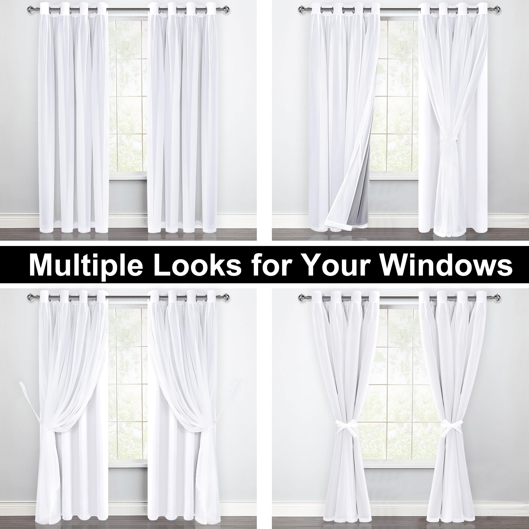 XWZO Cortinas blancas de doble capa, cortinas 100 % opacas con superposición transparente para guardería, sala de estar, habitación de los niños, cortinas de privacidad con aislamiento térmico y
