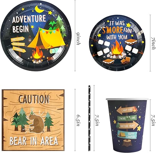 Miniatura 2 de Suministros para fiestas de campamento, fogata, senderismo, cámper, juego de platos de papel y servilletas con tazas y pajitas para 24 invitados,