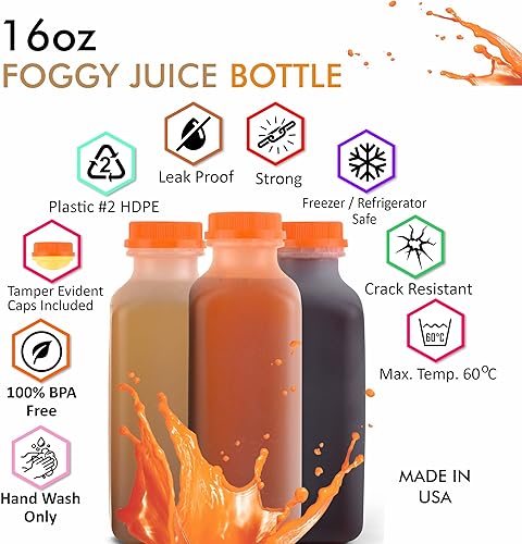 Miniatura 3 de EcoQuality [Paquete de 250] Botellas vacías de plástico para jugo con tapas a prueba de manipulaciones de 16 onzas, botellas de batidos, ideales