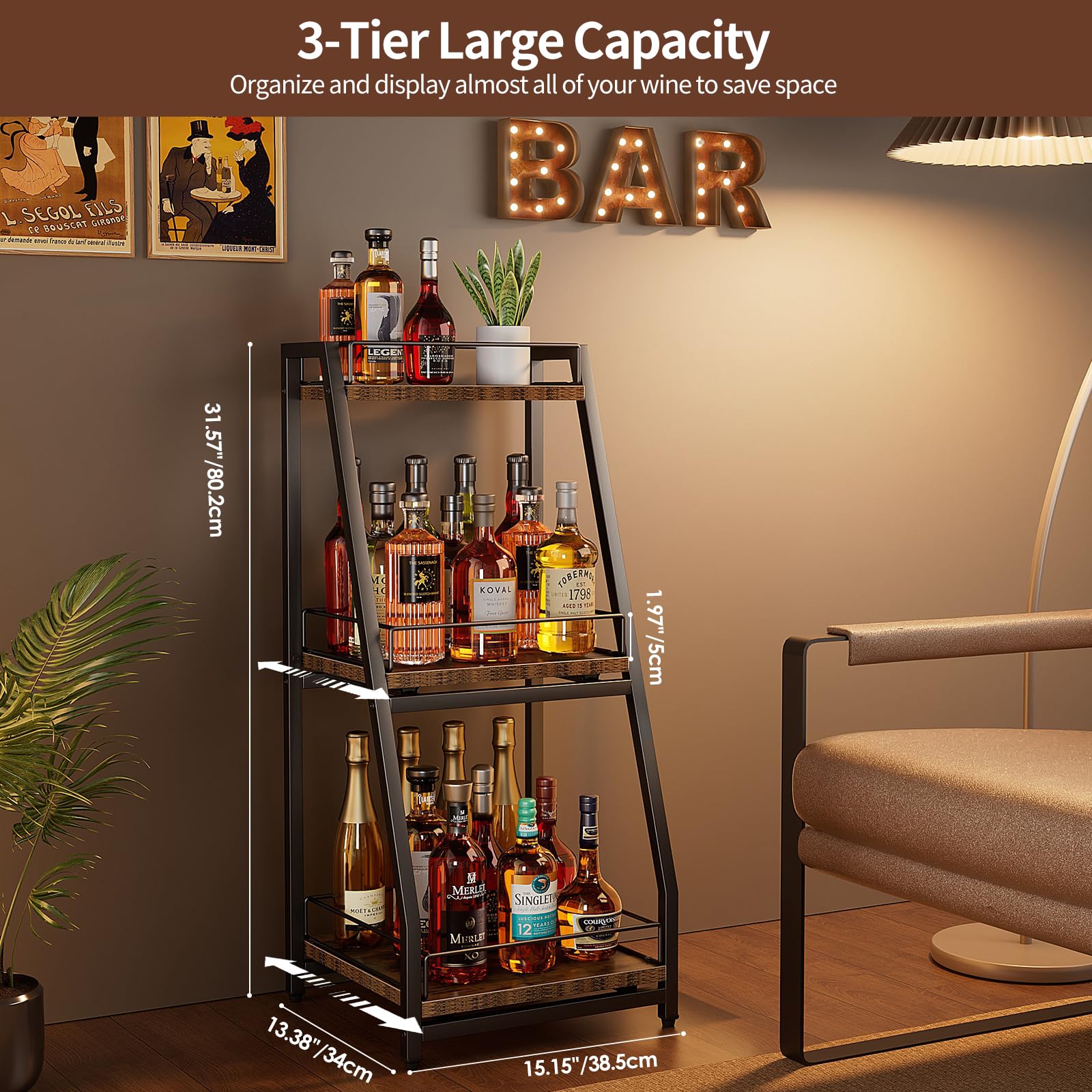 Nuovoware Mobile per Liquori 3 Livelli Mini Bar, Scaffale Vino Terra Whisky, Scaffale Angolare Bottiglie Liquore Recinzione Cassetto Scorrimento per Casa, Cucina, il soggiorno Sala da Pranzo, Nero