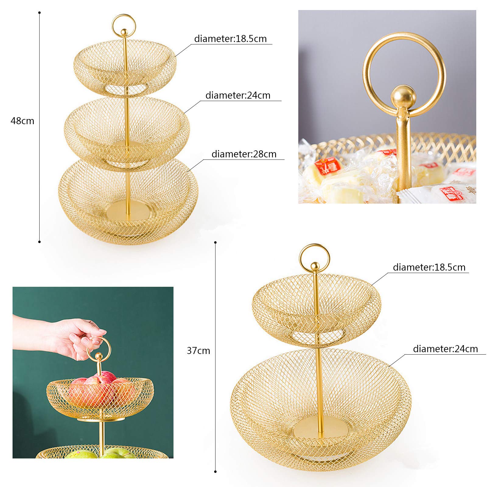 DimyFew 3-stufiger Metall Obstkorb Gold - Aufsatzkorb Für Küche & Party