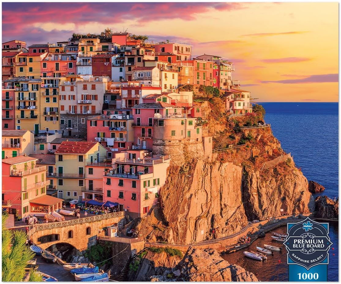 Buffalo Games - Sapphire Select - Cinque Terre Sunset - 1000 Piece Jigsaw Puzzle – Challenging & Fun – Blue Core Puzzle Board – Giftable Display Box - Full Size Poster Included