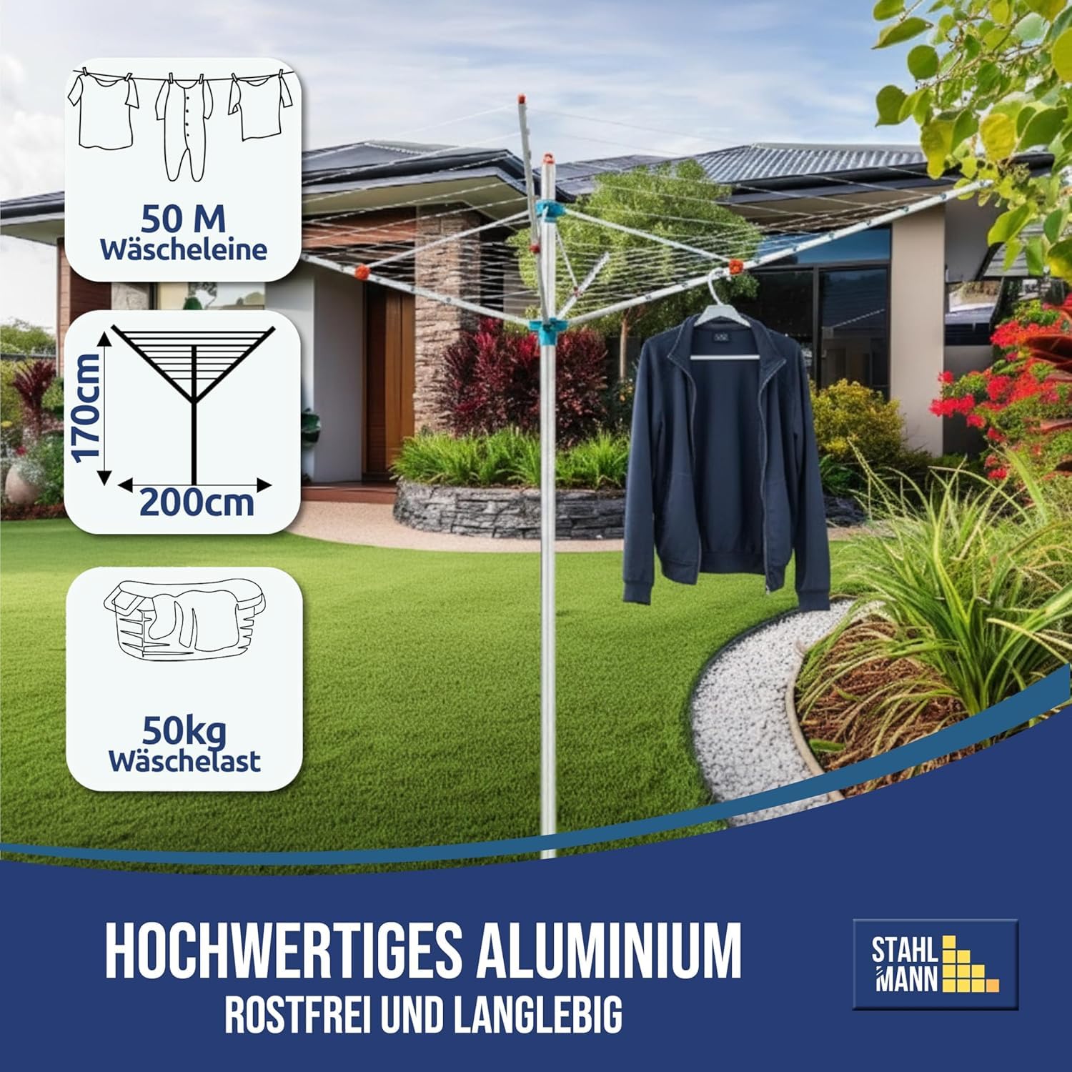STAHLMANN® Wäschespinne draußen [Made IN Germany ] - Wäschespinne[50 M Leinenlänge] inkl. Bodenhülsen mit Deckel - höhenverstellbareWäschespinne aus hochwertigem Aluminium (50 M)