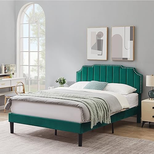Miniatura 96 de VECELO Base de cama tamaño Queen tapizada con cabecera ajustable copetuda/base de colchón con soporte de listones de madera, fácil montaje, azul