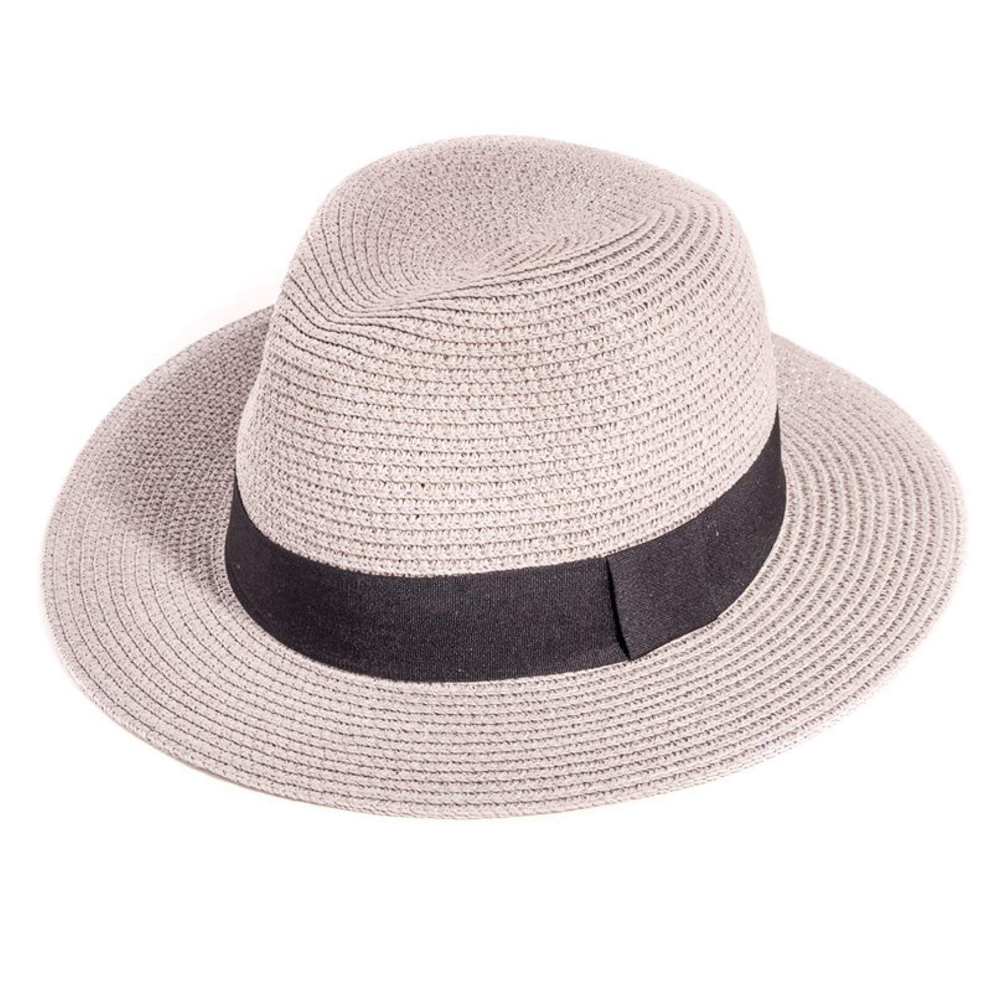 viz-uk wear Straw Crushable Panama Fedora Trilby with Wide Brim Packable Summer Sun Hat (Grey)
