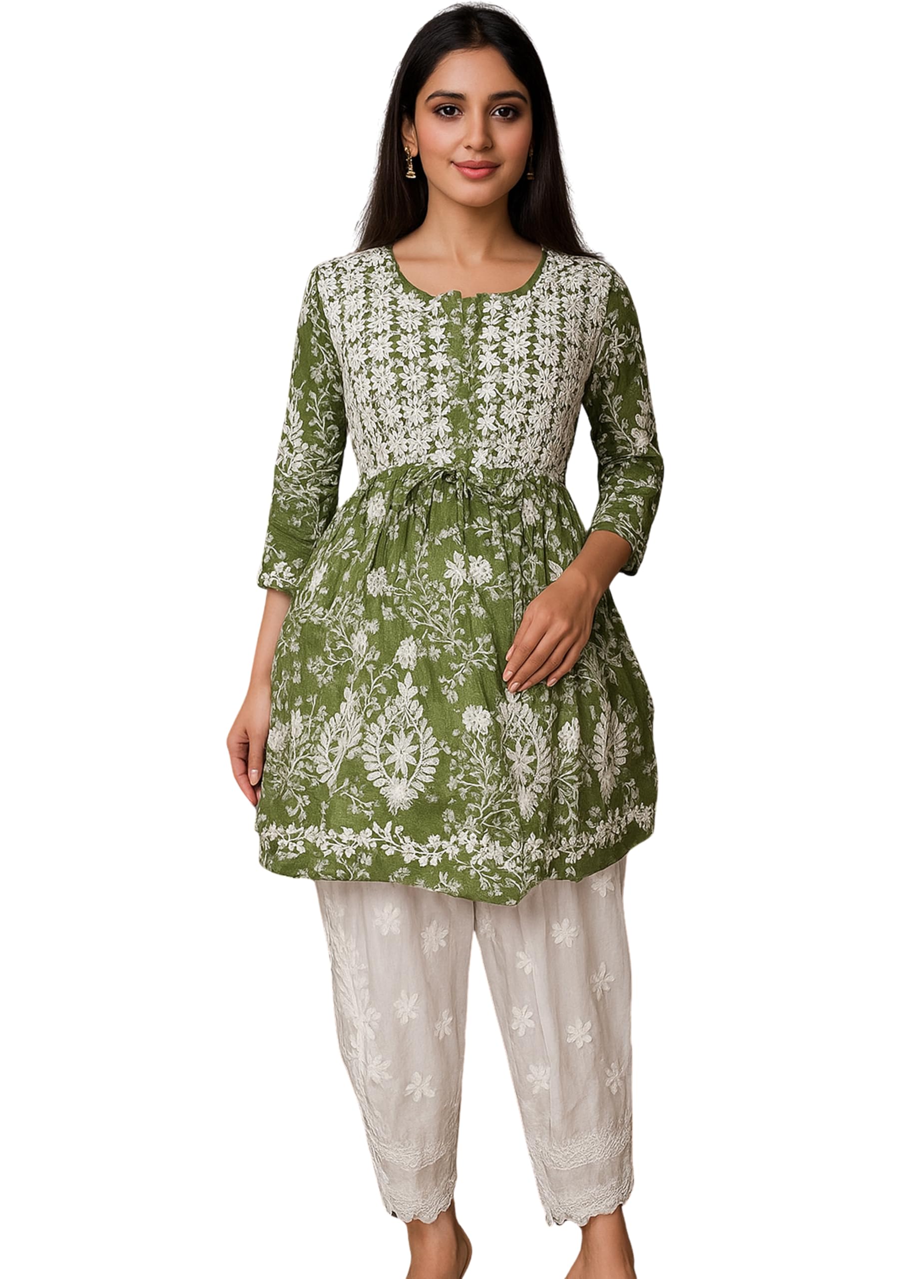 Women's Floral Print Empire Waist Kurta Set, Olive Green Cotton, Traditional Indian Style with White Palazzo Pants, Three Quarter Sleeve-picture-41