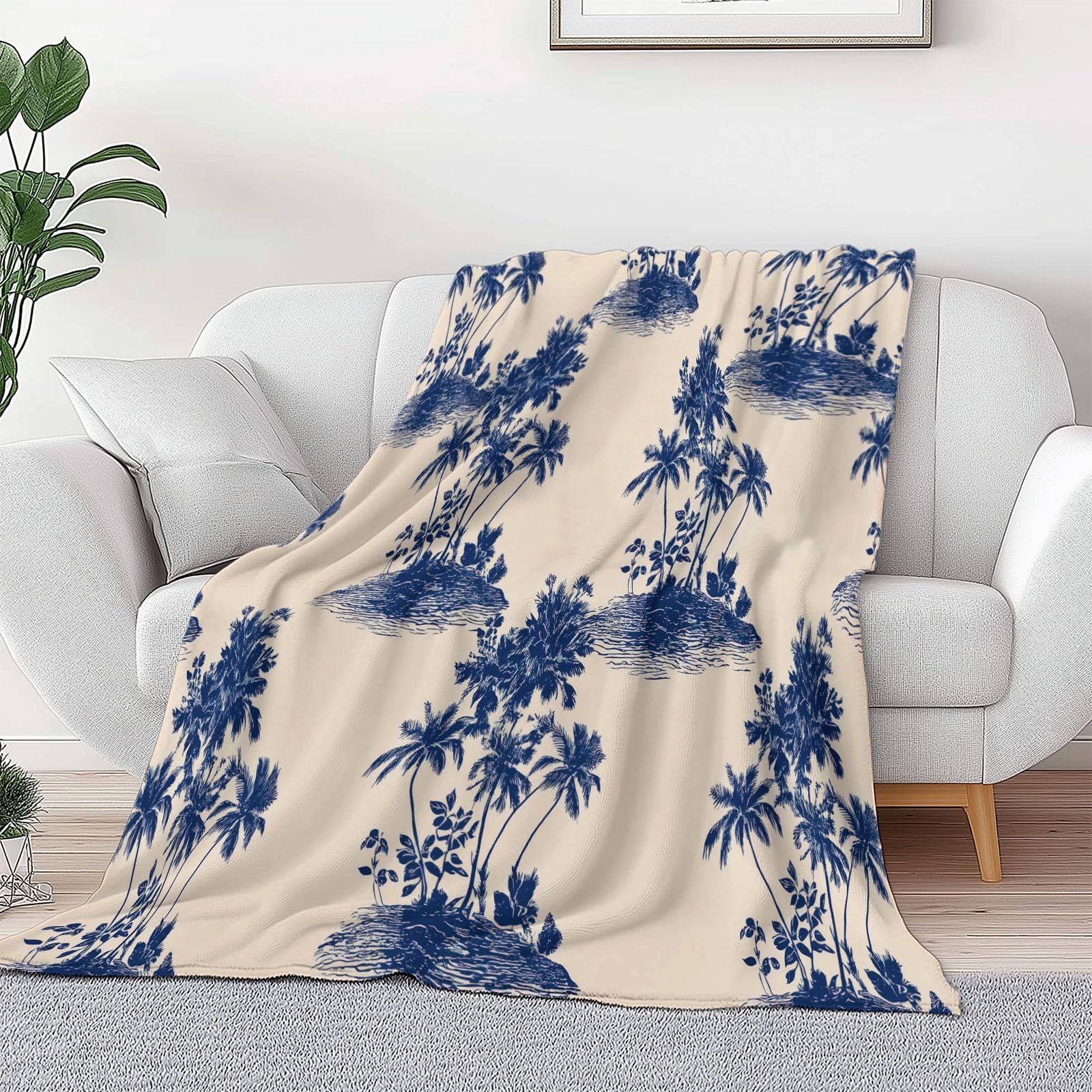 Genérico Manta de Forro Polar de Franela 220 x 240 cm, Beige Manta Estampada con Retro Minimalismo Plantas Palmeras - Invierno Calentitas para Niñas Niños Adultos