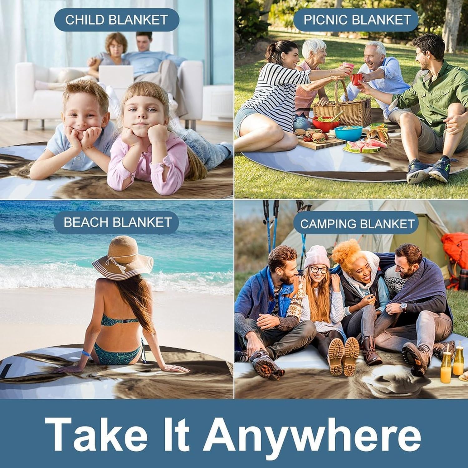 Funny Donkey Picnic Mat Lightweight Waterproof Picnic Blankets Extra Large Picnic Outdoor Blankets Foldable Sandproof Beach Blanket for Park Beach Camping Courtyard 58.3''x58.3''