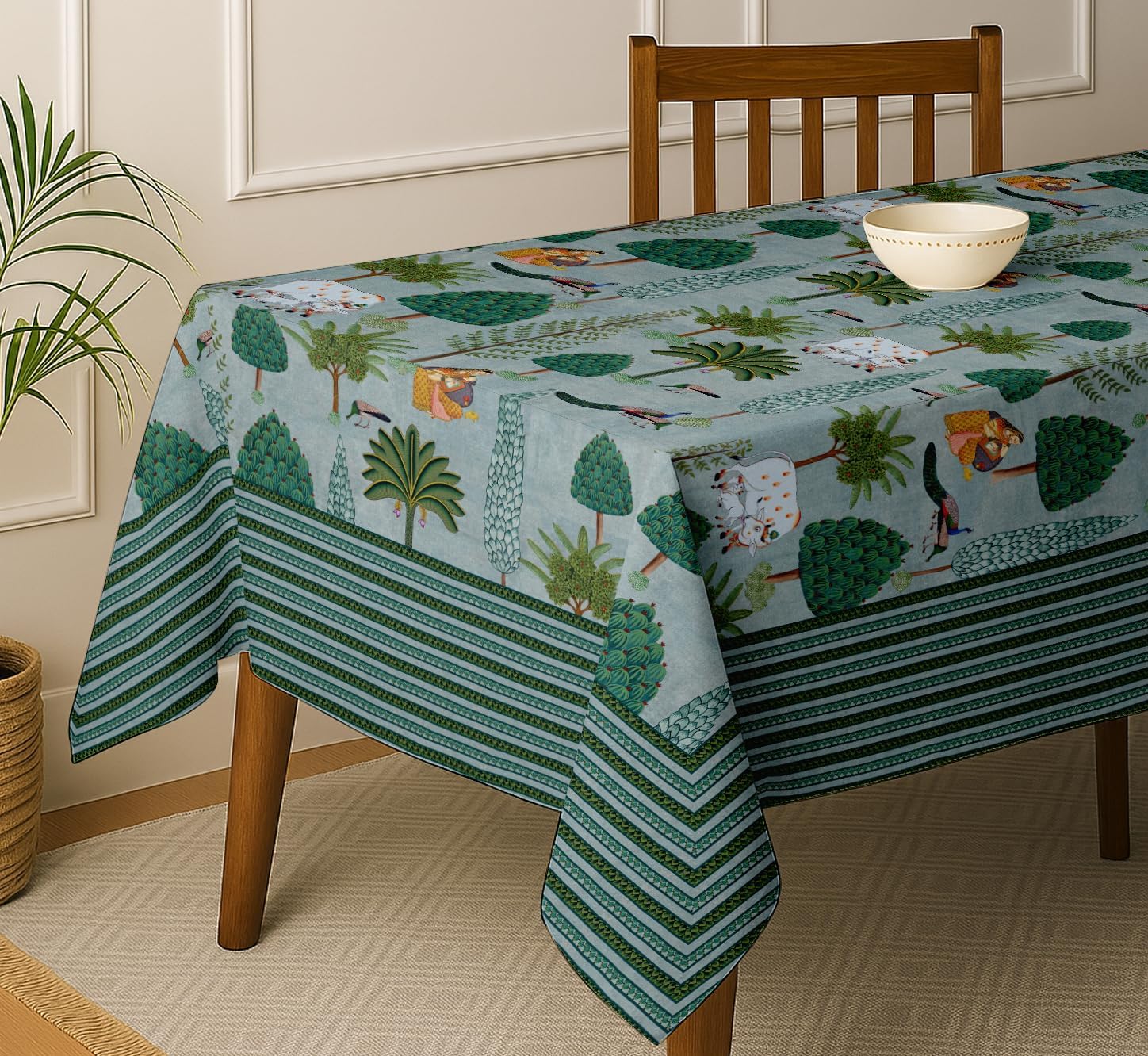 Tree Design Tablecloth - Blue 60x60 Inch Cotton Twill Dining Table Cover, Perfect for 4 Seater Tables, Durable, Protective & Washable, Ideal for Everyday Use, Festive Occasions & Gatherings