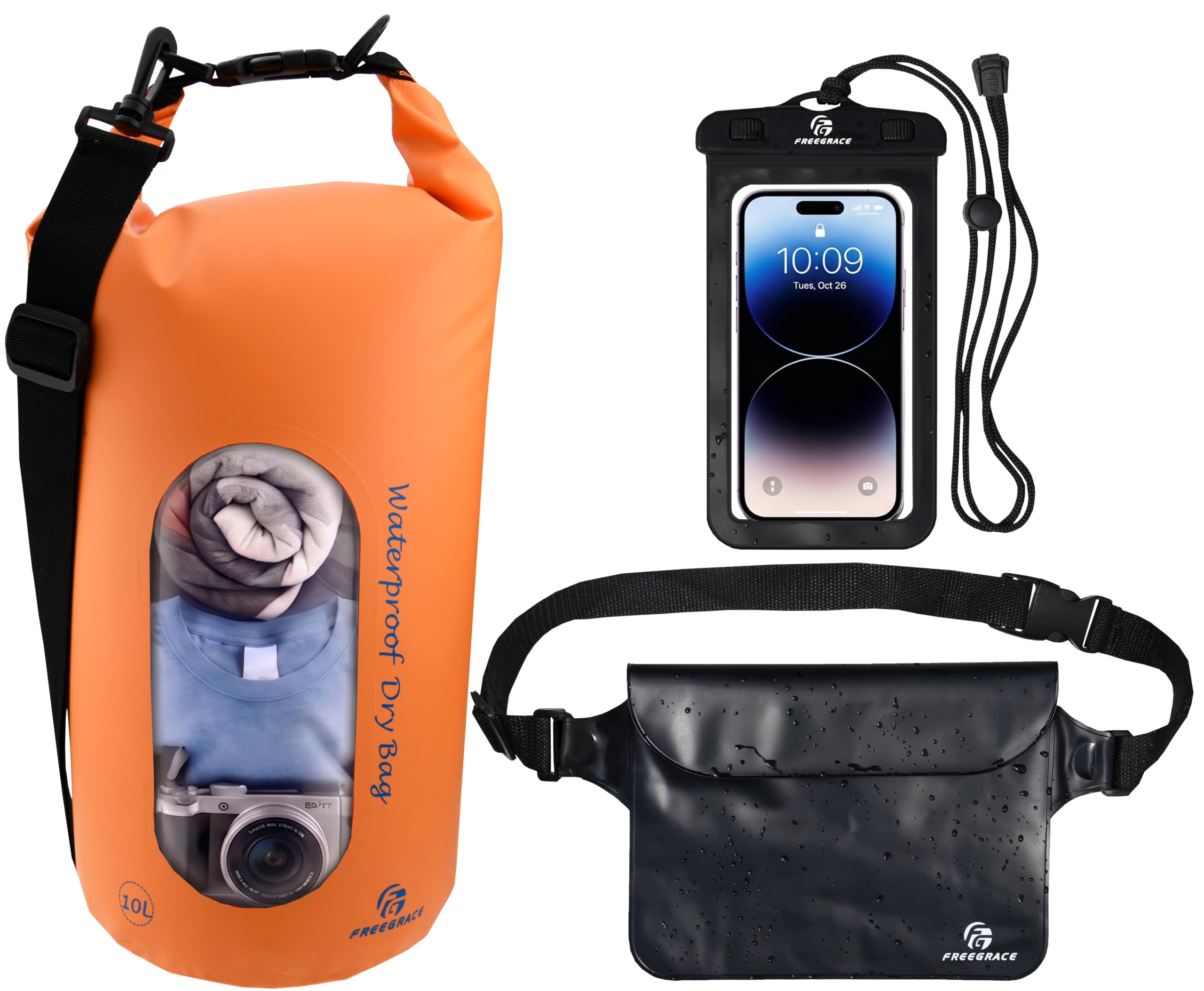 Freegrace Confezione da 3 borse impermeabili con 2 cerniere e tracolla staccabile, marsupio e tasca per telefono, sommergibili in acqua per nuoto, kayak