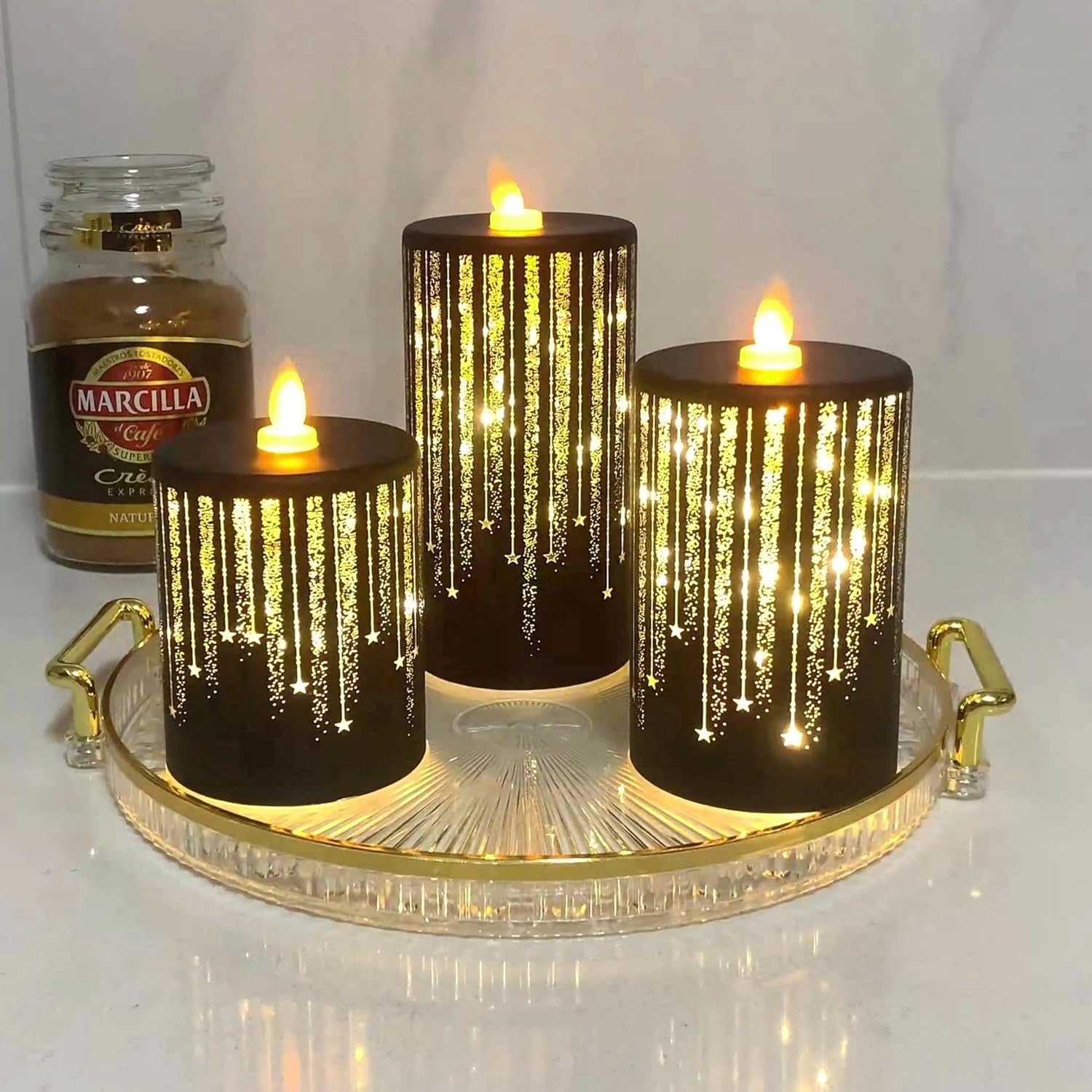 Led Candles Flickering Flameless Candles Battery Operated Fake Electric Luminara Gold Fall Decorations Fireplace Mantle Decor for Living Room Table Centerpieces for Dining Room Bathroom (Black)