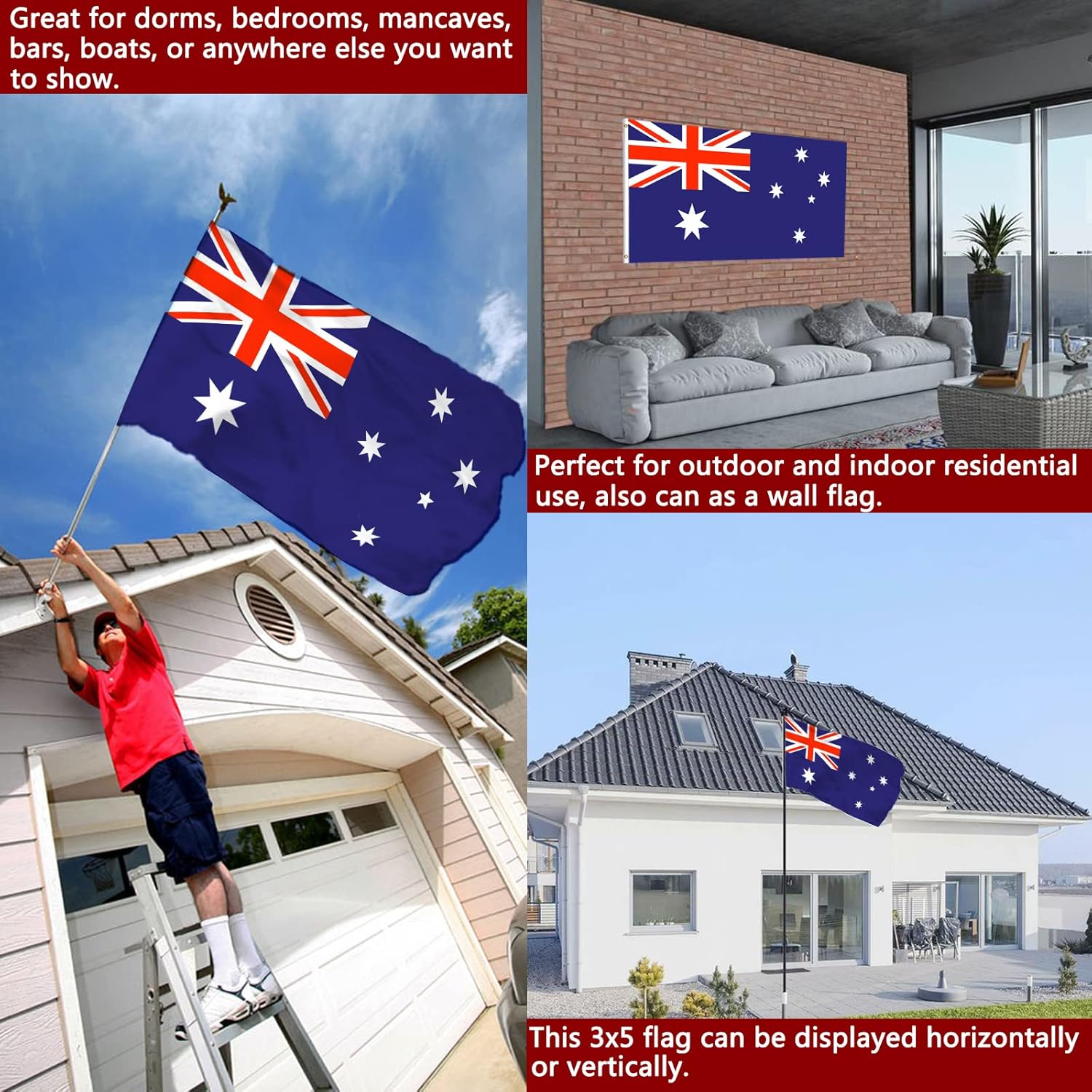 Australia (Australian) Flag 3x5 Outdoor Double Sided- Heavy Duty Australian National Flags for wall with 2 Brass Grommets 4 Rows Stitched Australian Decorations