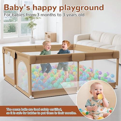 Miniatura 8 de Corralito grande para bebés de 64 x 64 pulgadas, corralito para bebés y niños pequeños con 50 bolas oceánicas, área de juego de valla de seguridad
