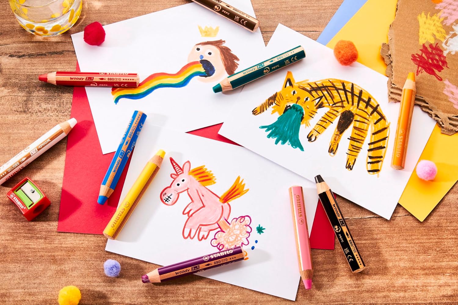 STABILO woody 3-in-1 - Multi-Talented Pencil - Pack of 10 - Birthday Edition - Assorted Colours with Sharpener