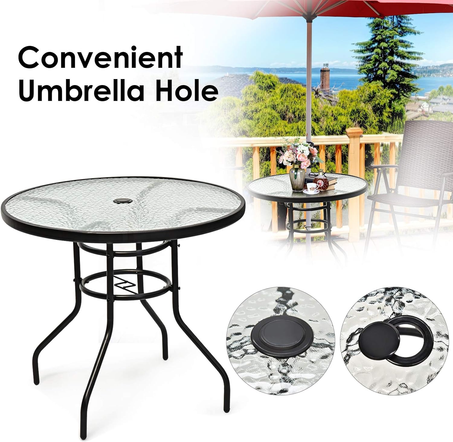 S AFSTAR Patio Bistro Table, Tempered Glass Table with 1.65” Umbrella Hole, Round Outdoor Dining Table, Round Patio Coffee Table for Deck Balcony Lawn Pool Backyard, 28”H x 32” D (Black)