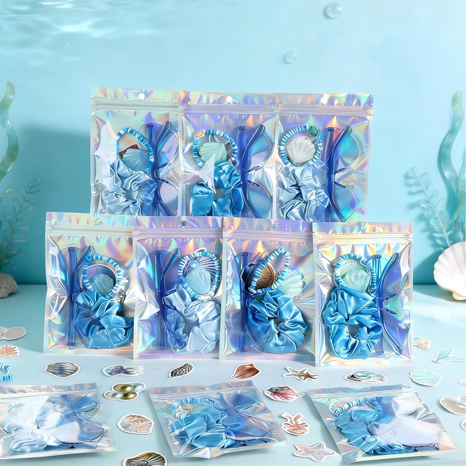 120Pcs Under the Sea Party Favors 12 Sets Turtle Starfish Shell Gift Sets Friendship Beaded Bracelets Sunglasses Satin Scrunchie Clips Stickers Keychains Bags for Birthday Summer Beach Party Supplies