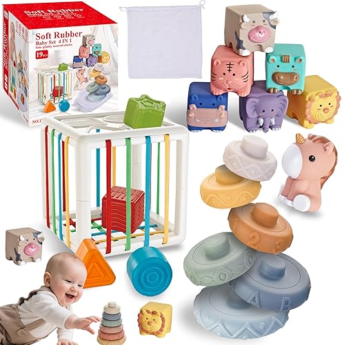 Juguetes para bebés 4 en 1 de 6 a 12 meses, juguetes Montessori para bebés de 6 a 18 meses, cubo sensorial y cubo de actividades, anillos de bloques