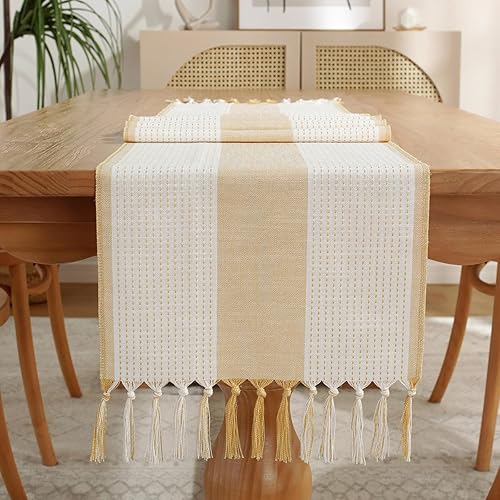 Miniatura 4 de Hsvanyr Camino de mesa de lino de algodón rectangular con exquisita borla y decoración del hogar, 13 x 72 pulgadas, a prueba de polvo, resistente al