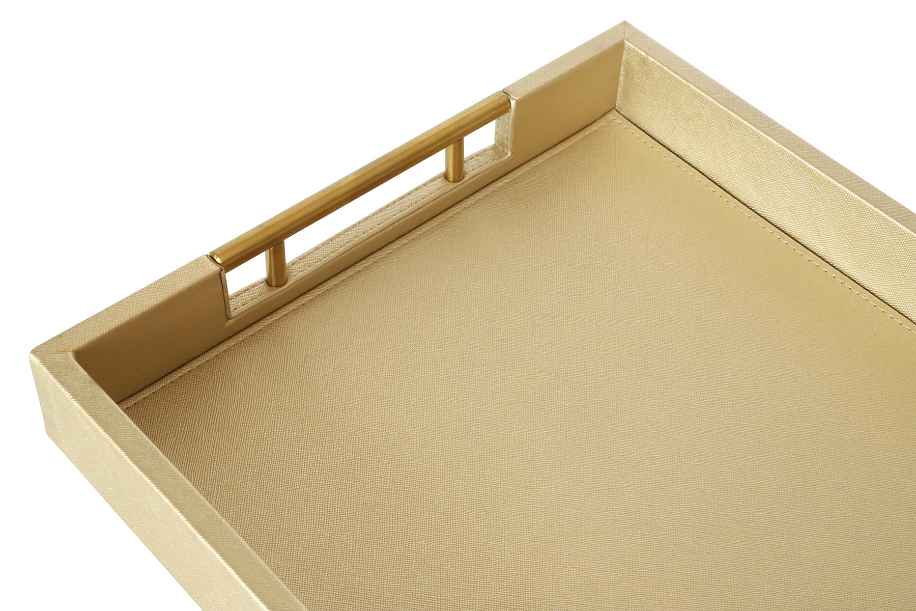 HofferRuffer Bandeja para servir de piel sintética con asas de metal dorado, elegante bandeja organizadora decorativa para mesa de café, otomana, decoración del hogar y servir (dorado, 16.2 x 12.2 x 2