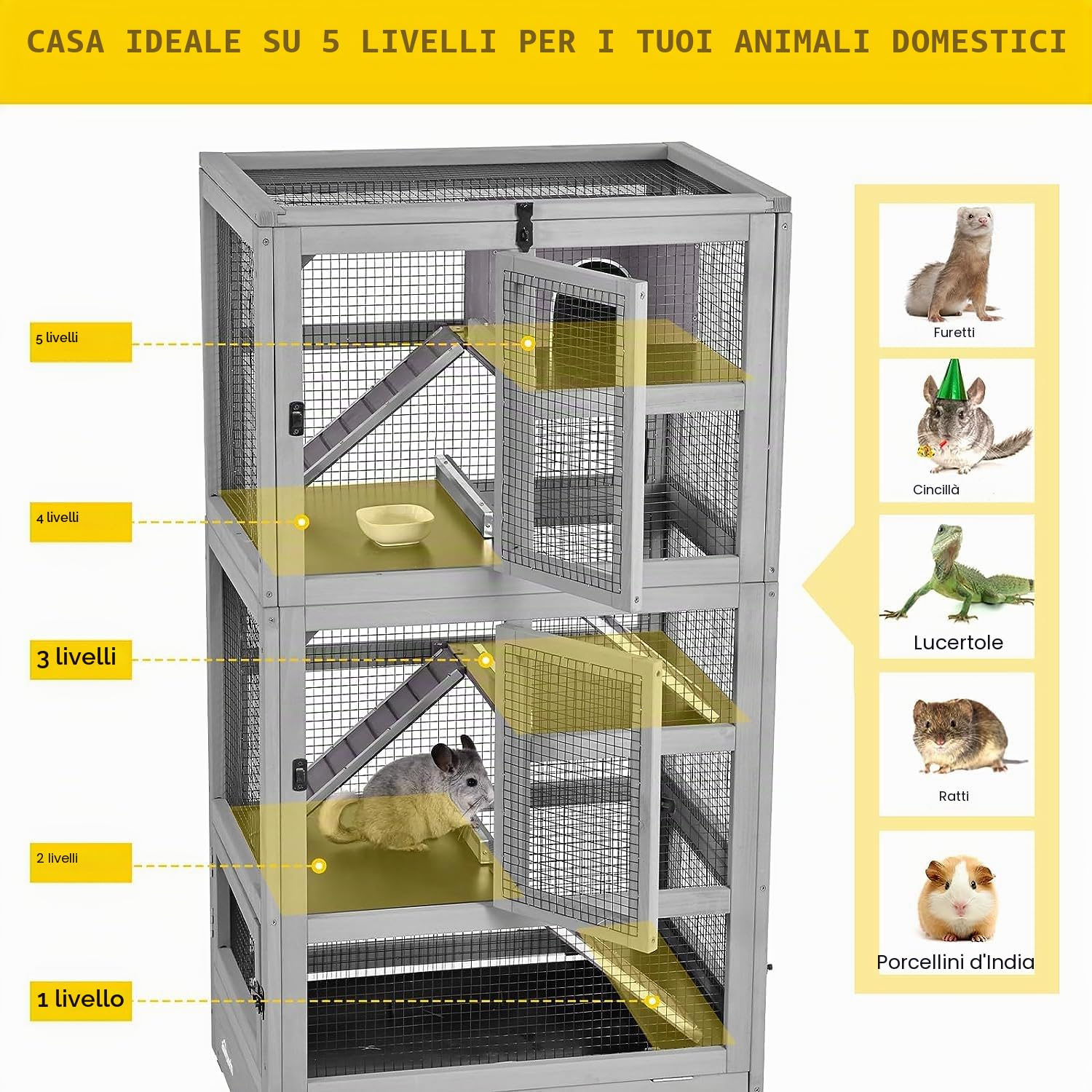 Gabbia per piccoli animali con tre ripiani, per piccoli roditori, 70 x 50 x 140 cm, gabbia per criceti, per topi e furetti per cincillà