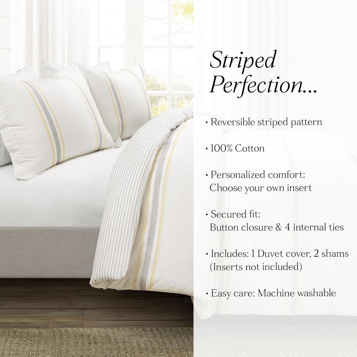 Lush Decor Farmhouse Stripe Reversible Cotton Duvet Cover Set 3 Piece Set, Full/ Queen Yellow & Gray - Bedding Set - Striped Duvet Cover Queen Size - Farmhouse Décor