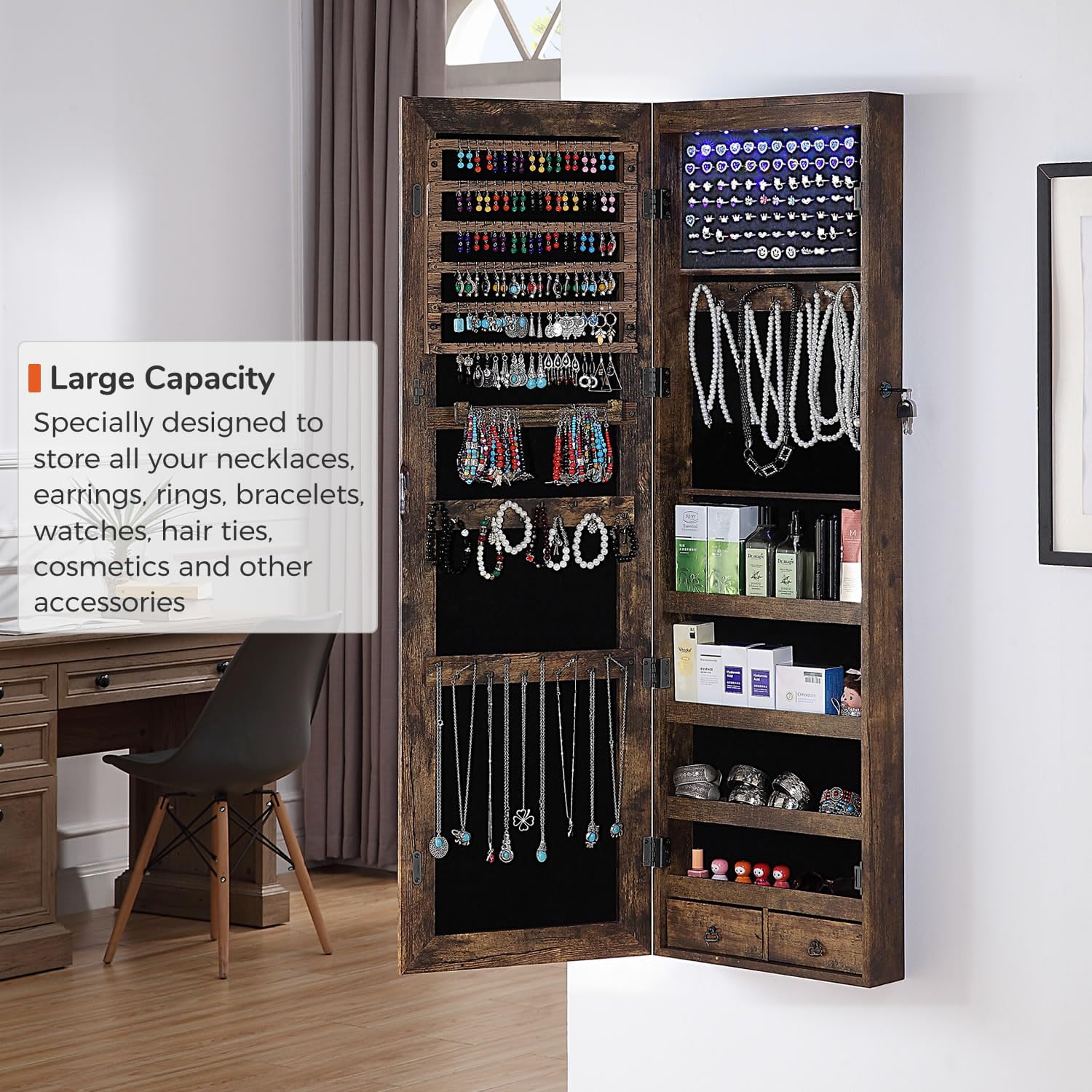 GISSAR Full Length Mirror Jewelry Cabinet, 6 LEDs Jewelry Armoire Wall Mounted Over The Door Hanging, Jewelry Organizer Storage with Lights Lockable, Vintage Brown, 14.6" x 47.2" - Image 3