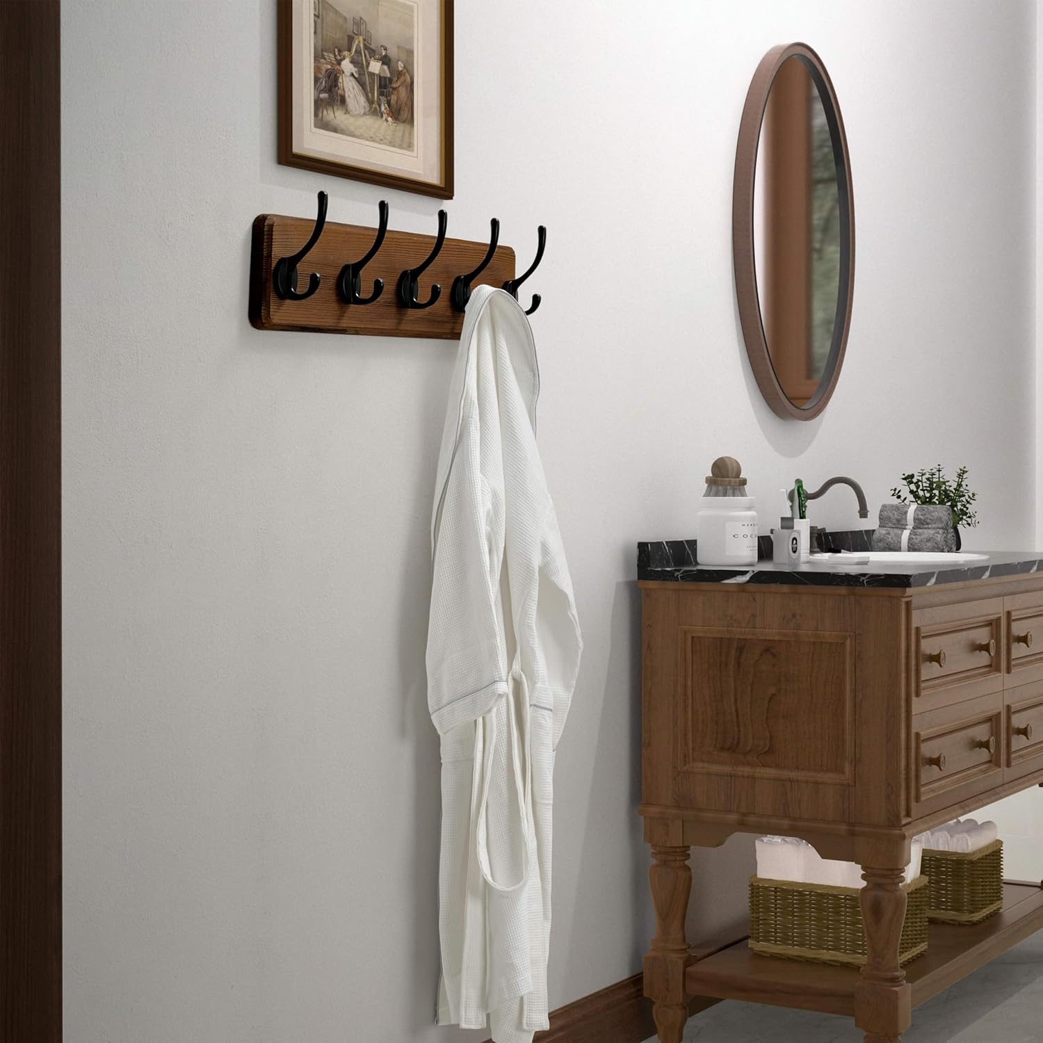 Dseap Wall Mounted Coat Rack: Patented, Heavy-Duty, 17.4" Long 5-Double-Hooks Wooden Hanger Rail for Winter Coats, Hat, Jacket, Clothing - Natural & Black - Image 8