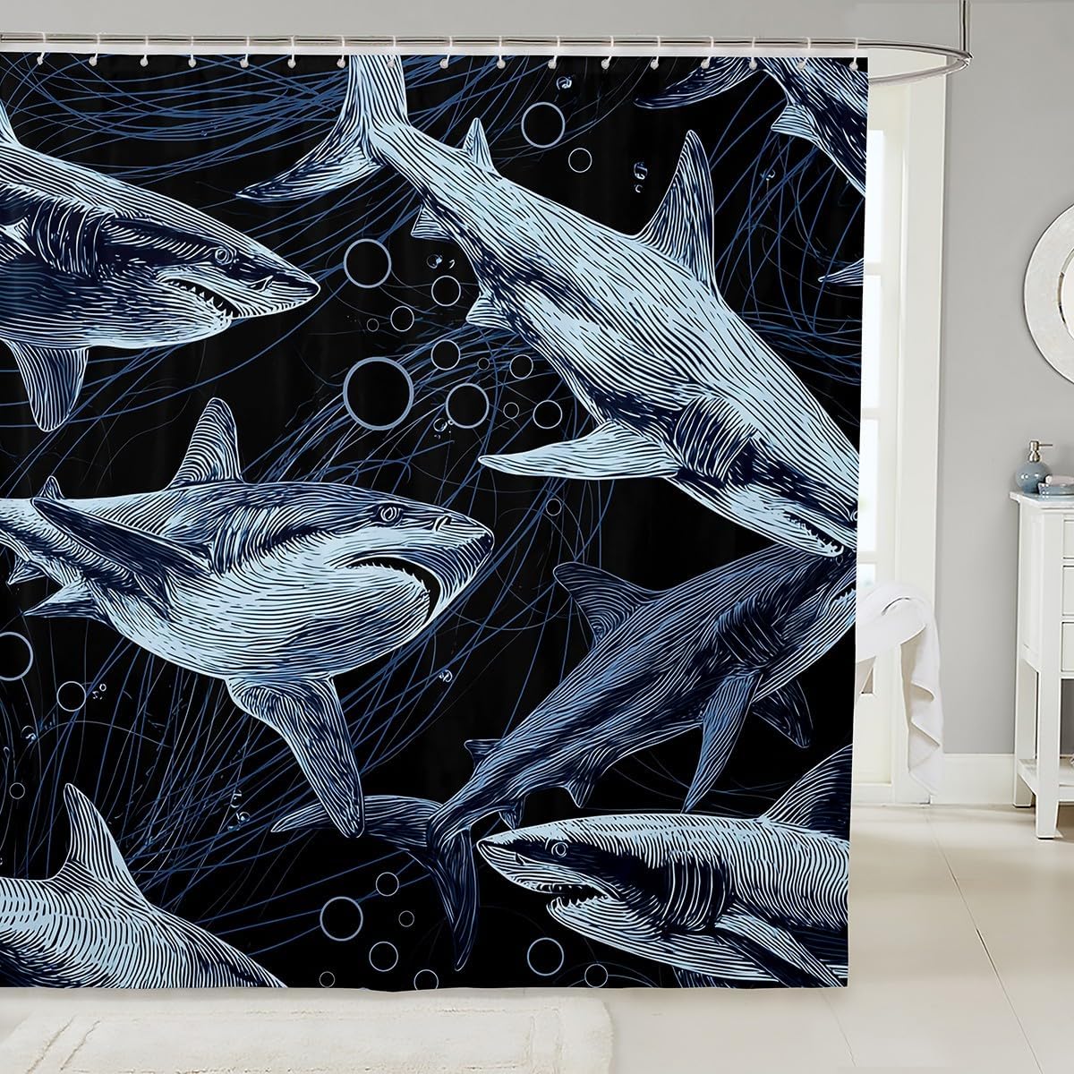 Shark Shower Curtain, Ferocious Shark Bath Curtain For Kids Boys, Underwater World Oasis Bathtub Shower Curtain, Ocean Animal Blue Lines Bath Curtain With Hooks Machine Washable 72" W x 78" L
