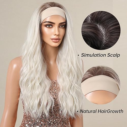 Miniatura 2 de Allbell Pelucas con diadema para mujer, largas, sueltas, onduladas, color rubio platino, sin pegamento, pelucas sintéticas con diadema, resistente