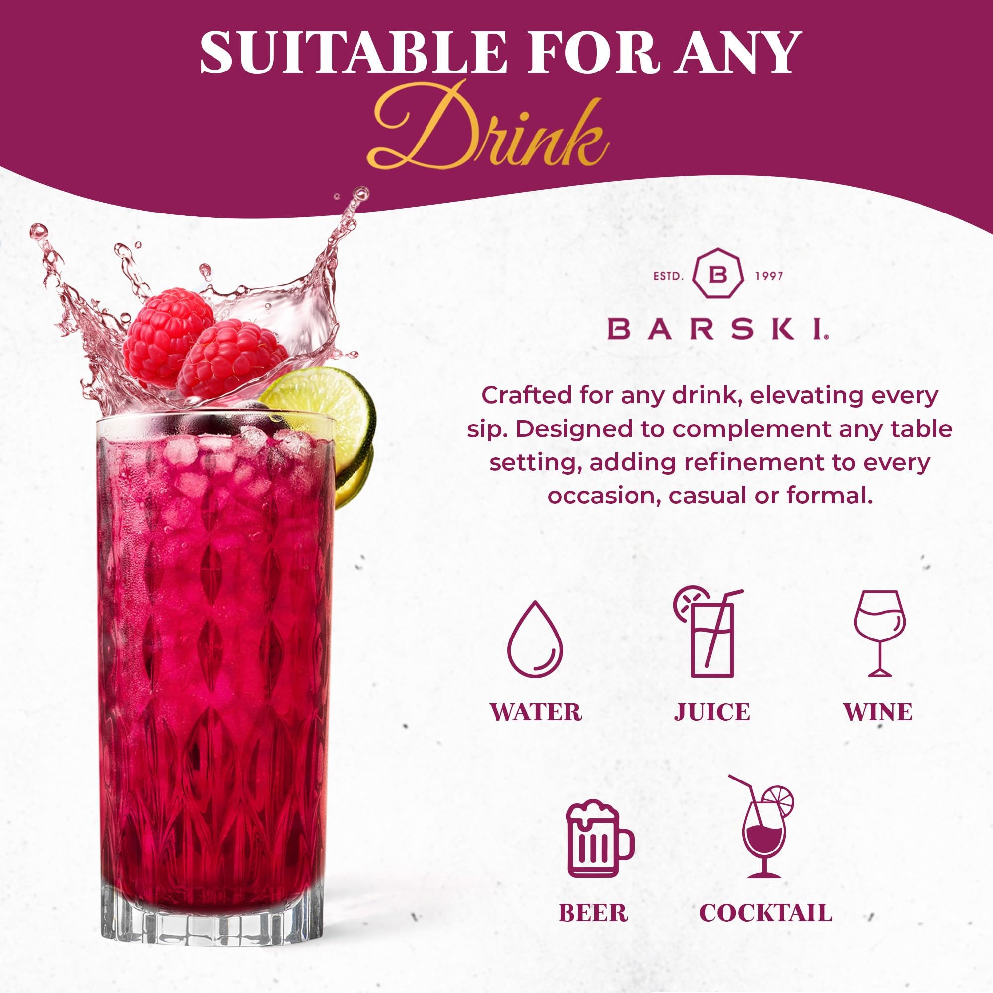 Barski Highball-Glas – Trinkgläser – 2er-Set – Hiball-Becher – Glaskristallbecher – für Wasser, Saft, Bier, gemischte Cocktails, Mojito-Glas, Tom Collins Bar Glaswaren, 370 ml, hergestellt in Europa