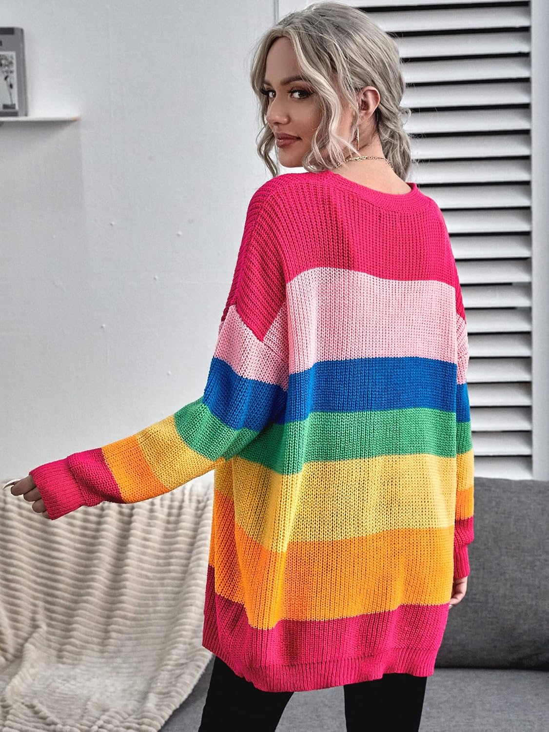 Floerns Women's Rainbow Striped Print Button Front Long Sleeve Cardigan Sweater - Image 2