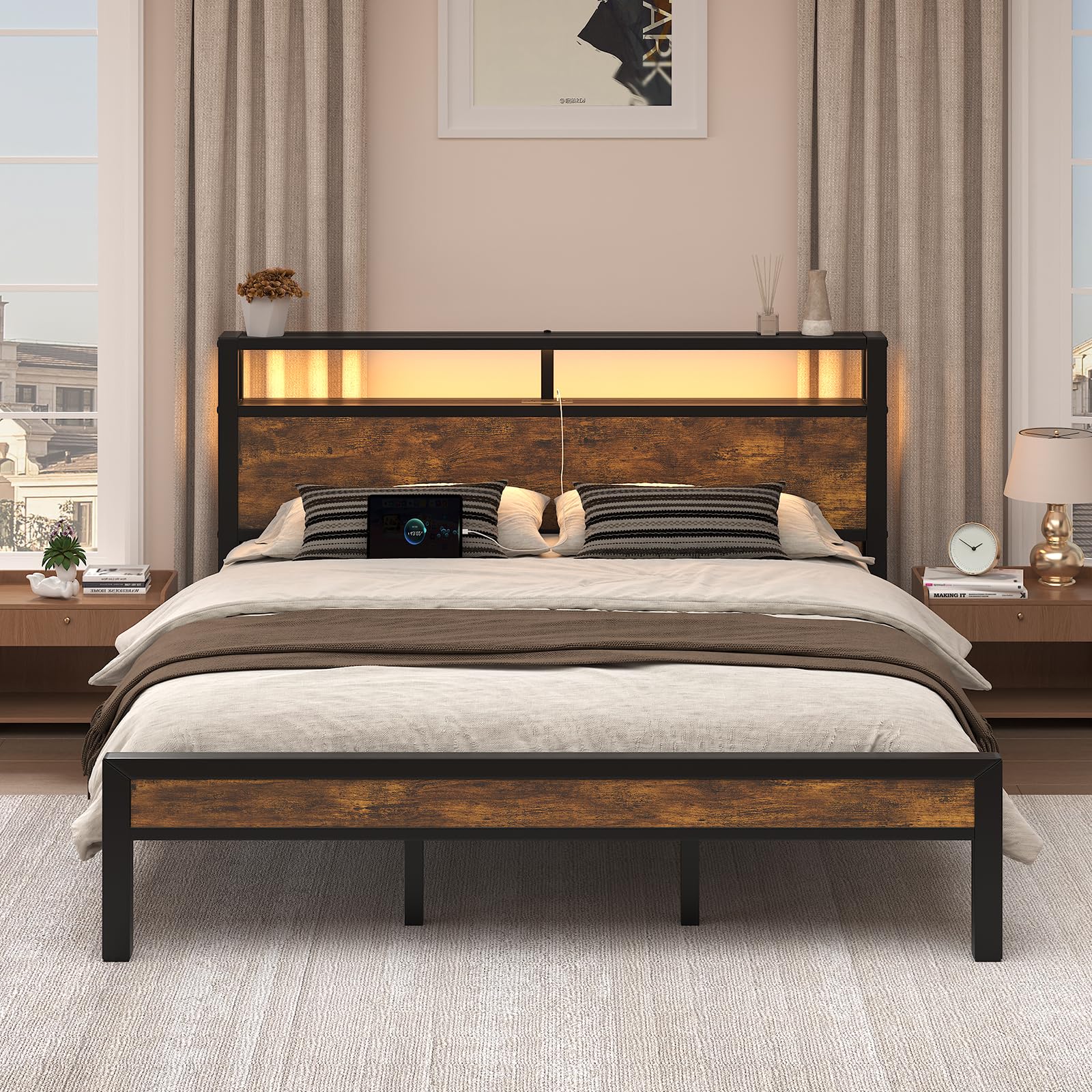 King Size Bed Frame with Charging Station and LED Lights Metal Platform Bed with 2-Tier Storage Headboard Noise