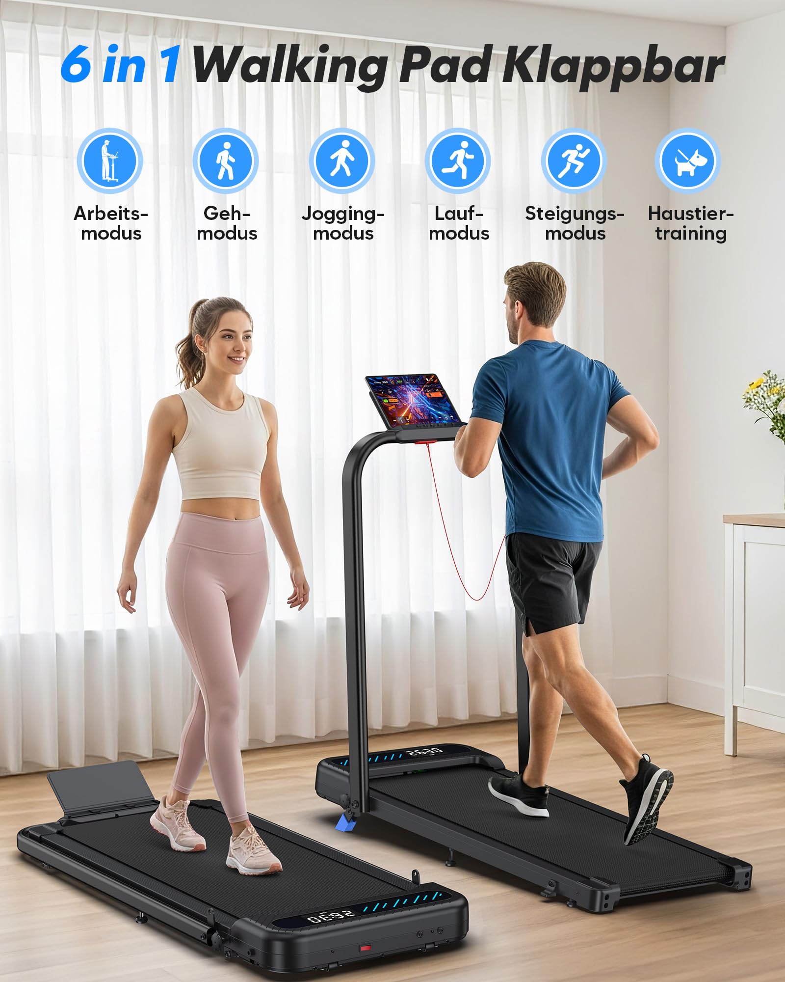 Laufband für Zuhause Klappbar, 6 in 1 Walking Pad mit Steigung, 3.0PS Klappbares Laufband für Zuhause & Büro mit LED-Anzeige, Treadmill for Home, Leise Laufband mit APP, Bis 150 kg,Keine Installation