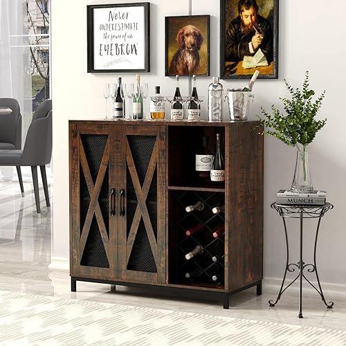 FROMJBEST Gabinete de bar de vinos, gabinete industrial de barra de café con 2 puertas y estante, soporte para vidrio, armario de almacenamiento de