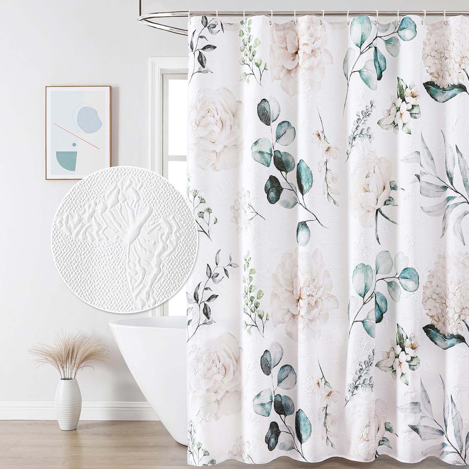 QiyI 72x72 White Floral Shower Curtain, 3D Embossed Butterflies, Waterproof Fabric, Set with Hooks