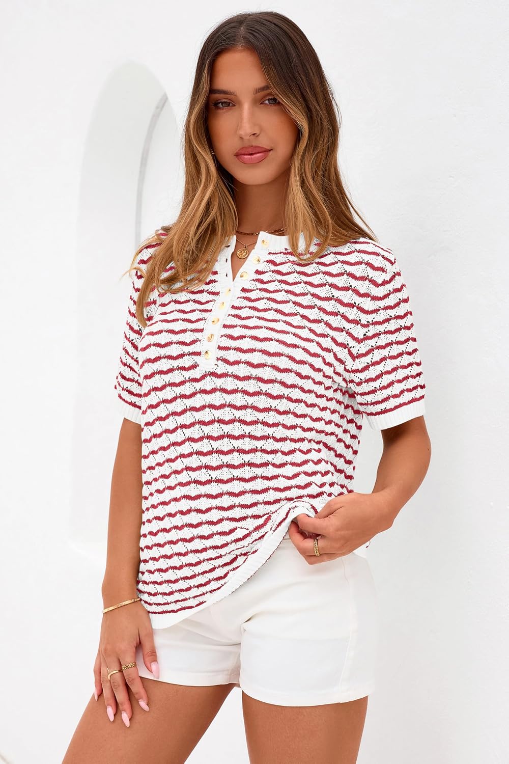 PRETTYGARDEN Womens Knit Summer Tops Button Short Sleeve Sweater Casual Crewneck Chevron Henley Shirts Dressy Work Blouses