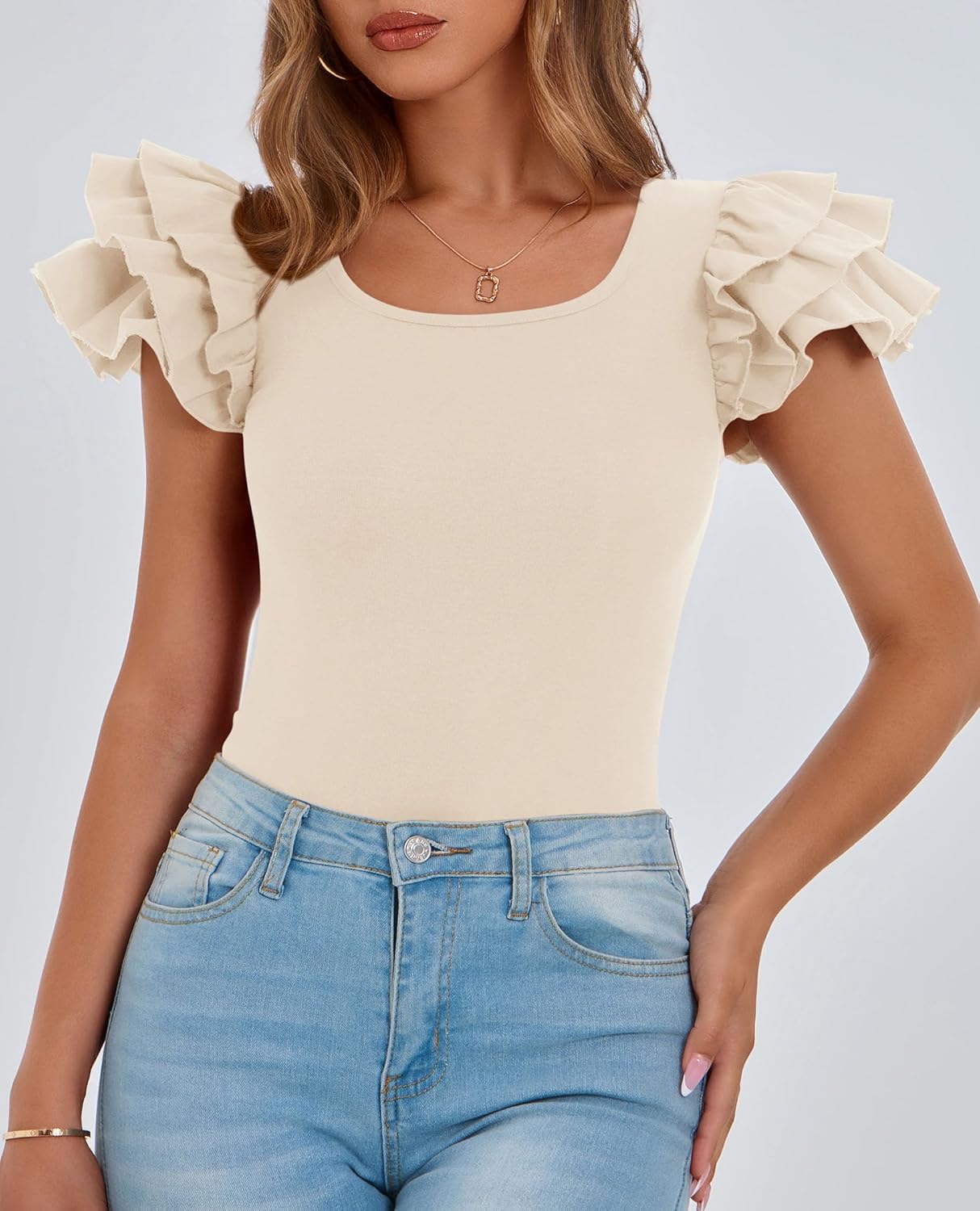 PRETTYGARDEN Women's Ruffle Short Sleeve Shirts 2026 Summer Casual Basic Tee Cute Fitted Crew Neck Fashion Tops Clothes - Image 3