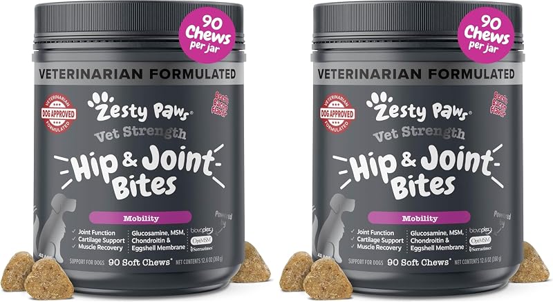 Zesty Paws Vet Strength Mobility Bites Beef & Bacon Flavor Hip & Joint Support Chews for Dogs with Glucosamine, Chondroitin, MSM, Hyaluronic Acid & Serrazimes - 90 Count (Pack of 2)