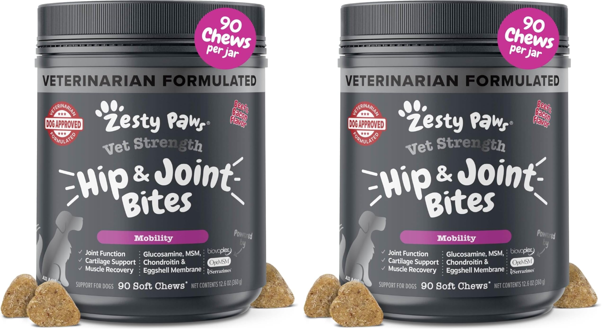 Zesty Paws Vet Strength Mobility Bites Beef &amp; Bacon Flavor Hip &amp; Joint Support Chews for Dogs with Glucosamine, Chondroitin, MSM, Hyaluronic Acid &amp; Serrazimes - 90 Count (Pack of 2)