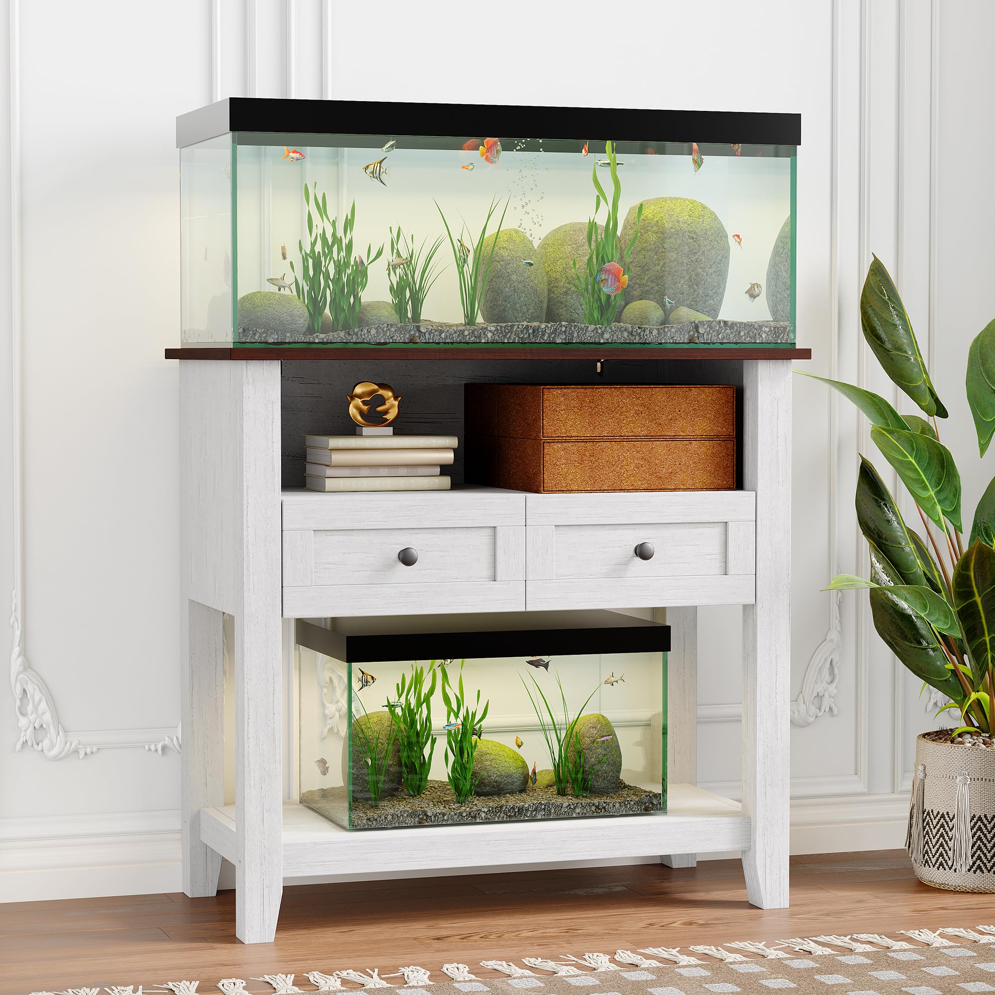 Garvee 20-29 Gallon Aquarium Stand with Charging Station, 660LBS Heavy Duty Fish Tank Stand with Drawers & Open Storage for Reptile Turtle Tank, White