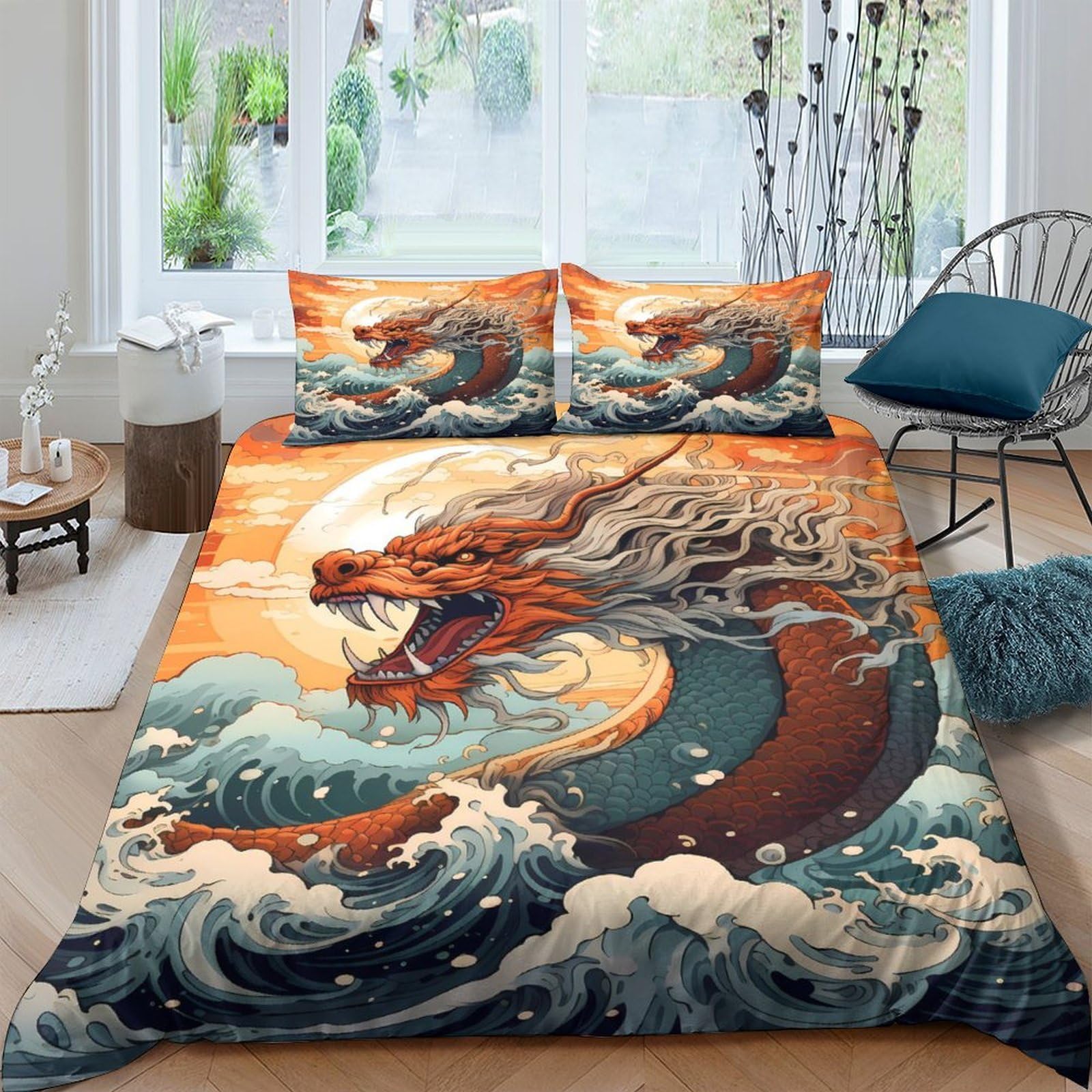 GPLZQXKJNH 3D Printed Japanese Dragon Duvet Cover Set Microfiber Breathable Ocean Wave Quilt Cover with 2 Pillowcases for Bedroom Decor Single（135x200cm）