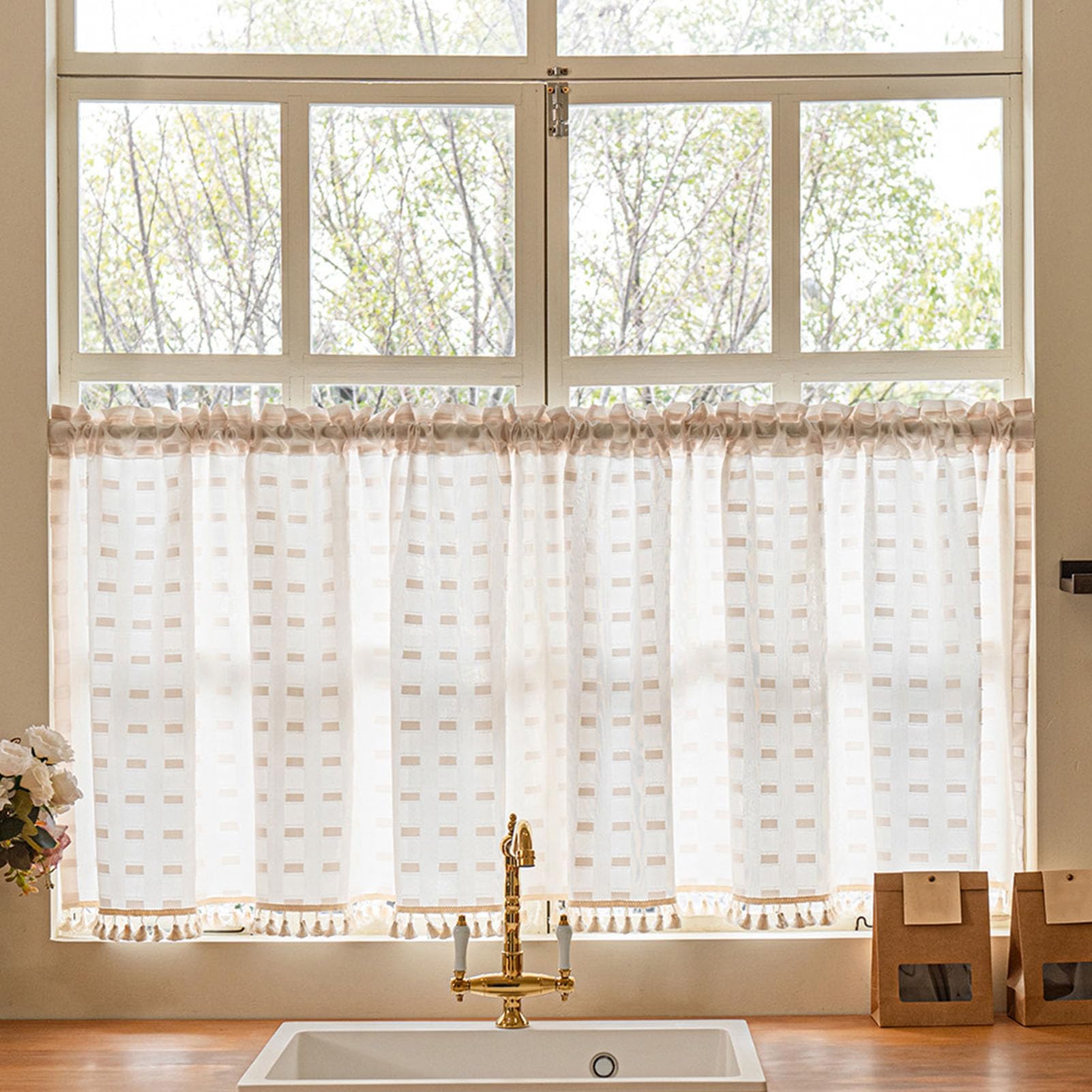 ZZYK Linen Light Filtering Valance Short Gauze Top Curtains for Cofe Bedroom Farmhouse Living Room,Rod Pocket Tassel Washed Valance for Small Windows,59" W x 79" L(Pack of 1)
